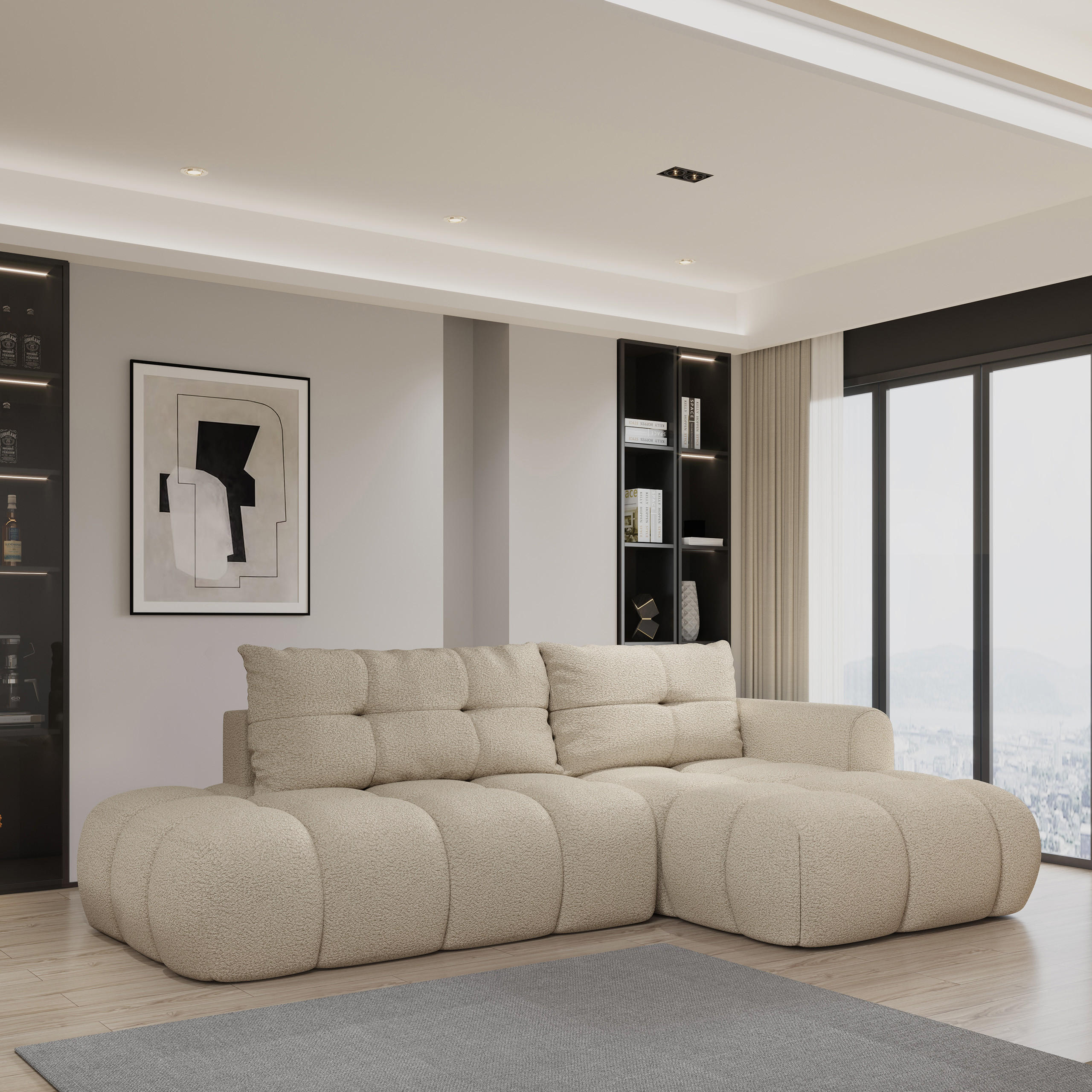 ECKSOFA FLUMA R-S Beige Boucle-Stoff mit Schlaffunktion - Beige, Holz (274/165cm) - MASSENO