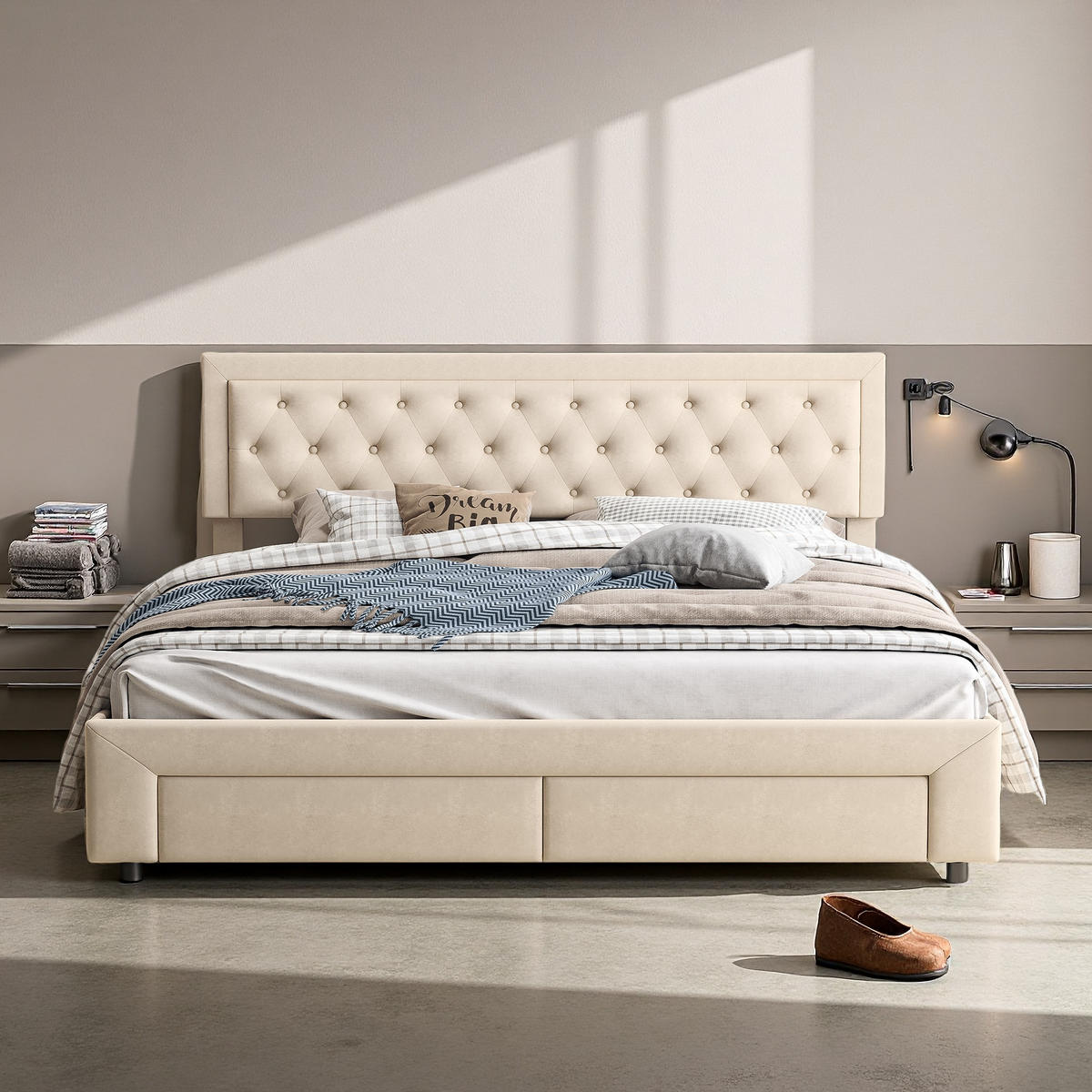POLSTERBETT 180/200 cm Beige mit Bettkasten und Schubladen - Beige, Holz (180/200cm) - SHOPENTRA