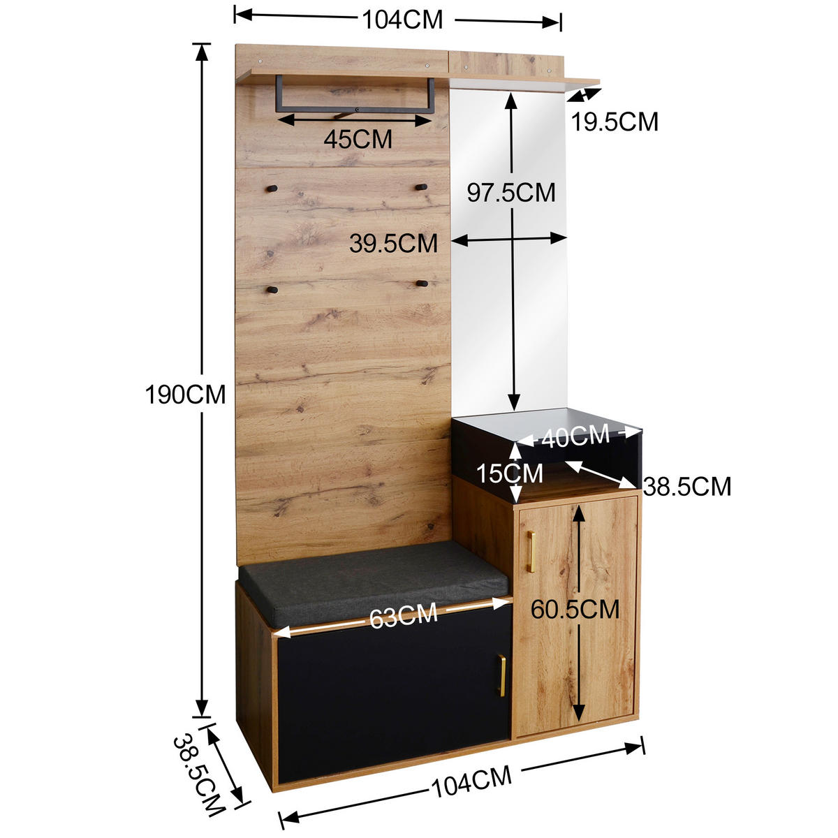 SCHUHSCHRANK aus MDF & Spanplatte 104x38.5x190cm in Schwarz mit Spiegel - Schwarz, Holzwerkstoff (104/190/38.5cm) - Modfu