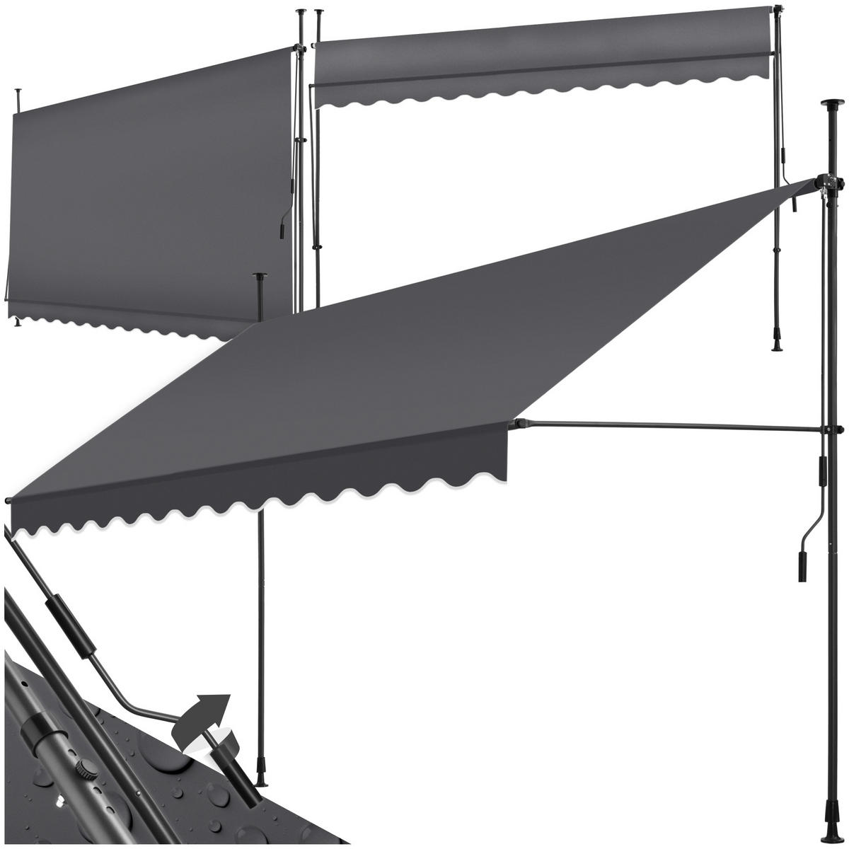KLEMMMARKISE ,einfache Montage,schwarz/grau - Schwarz/Grau, Kunststoff (350/304/180cm) - tectake