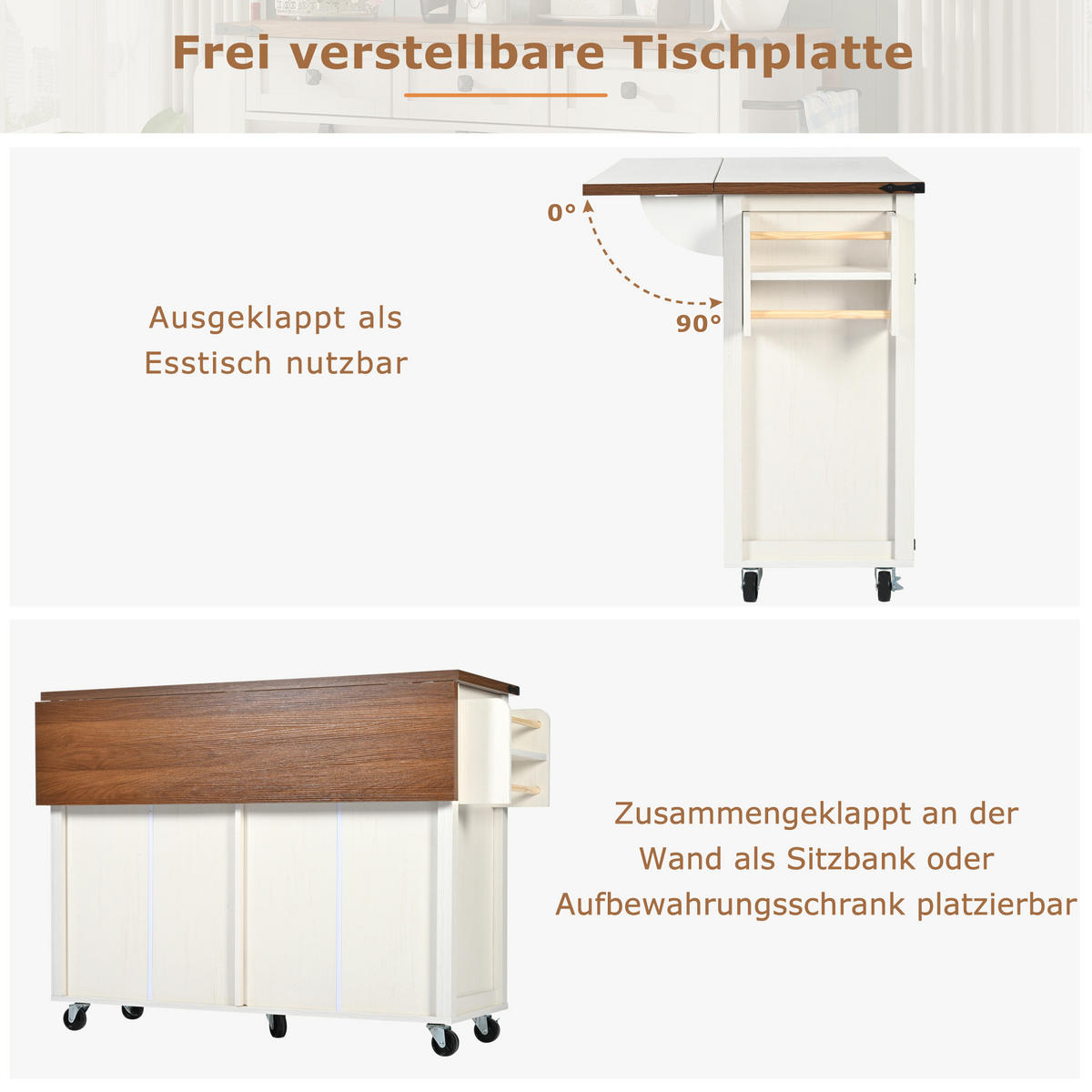 KÜCHENINSEL 140/72/93 cm Weiß mit Klappplatte, 2 Schubladen und Gewürzregal - Weiß, Holz/Holzwerkstoff (140/92/73cm) - Oxeza