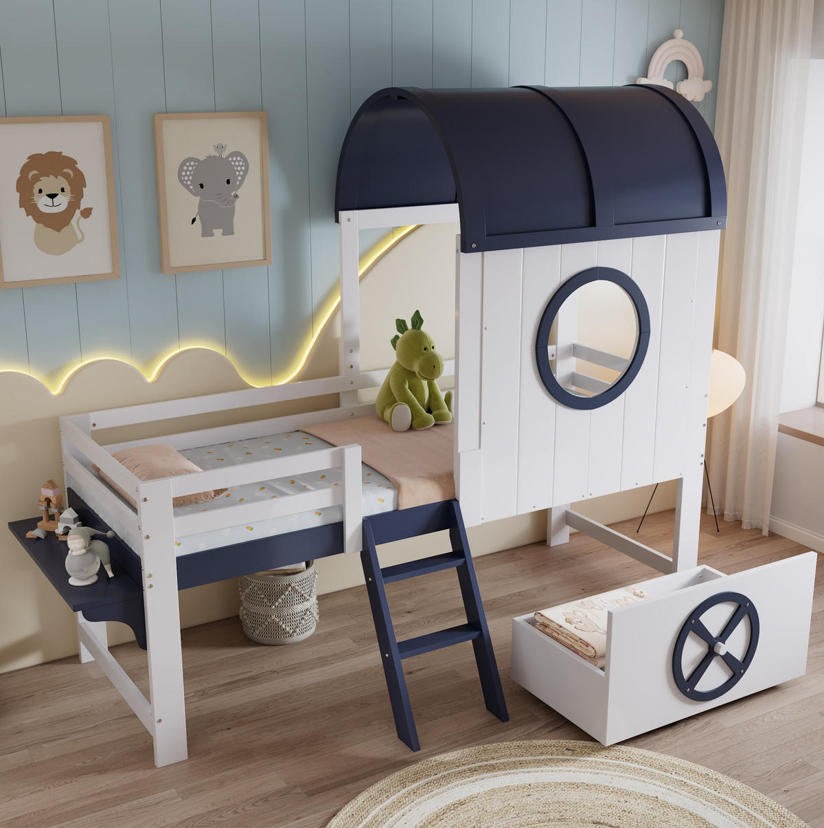HAUSBETT 90/200 cm in Weiß/Dunkelblau mit Schublade und Dach - Weiß, Holzwerkstoff (90/200cm) - Flora Grace