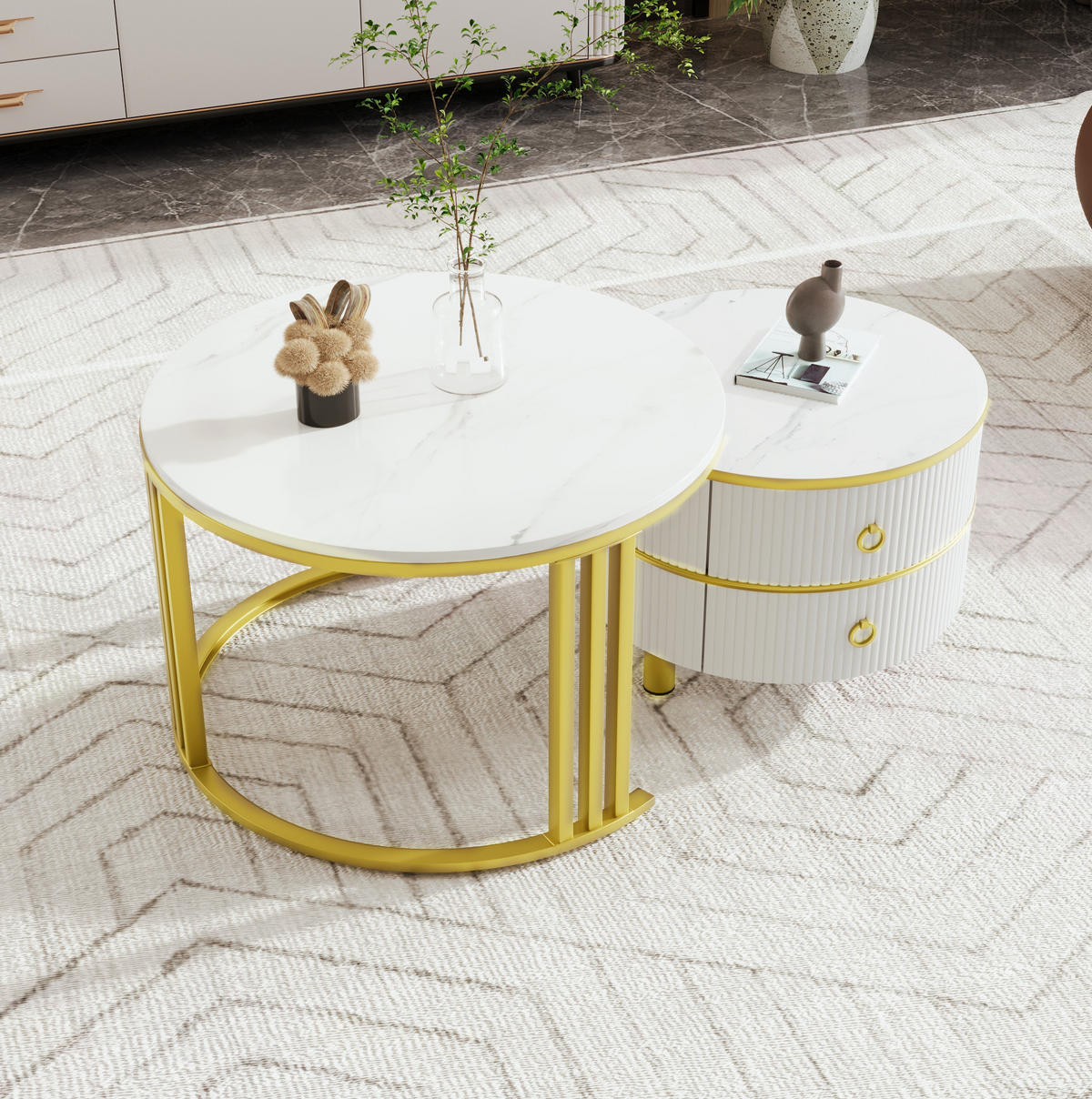 COUCHTISCH-SET aus MDF 70x70x46 und 50x50x40 cm Weiß mit 2 Schubladen - Weiß, Holzwerkstoff (70/70/46cm) - IVMEU