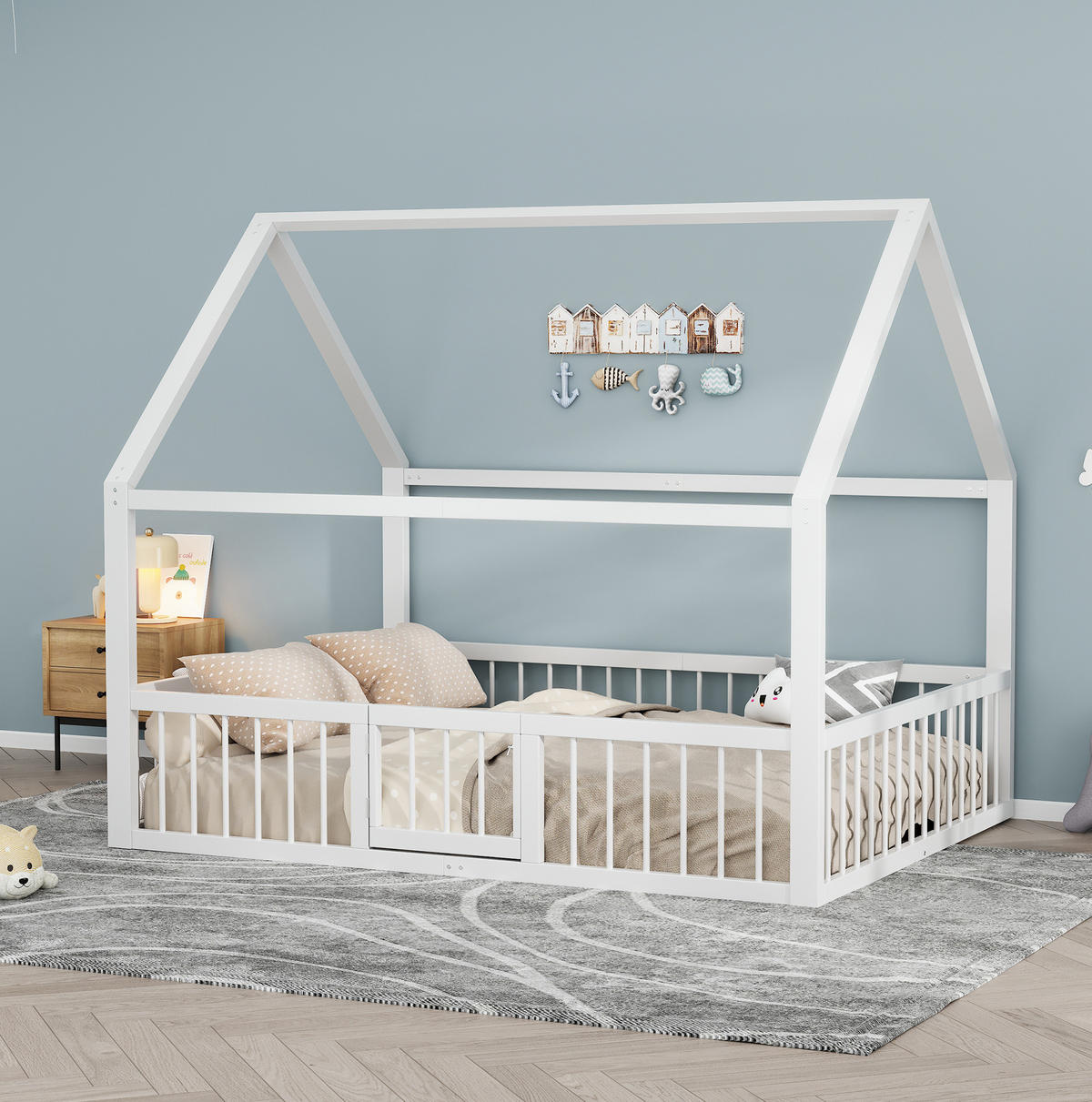 POSTEL 140/200 cm bílá z kovu s domkovou střechou a bezpečnostními zábranami - bílá, kov (140/200cm) - OKWISH