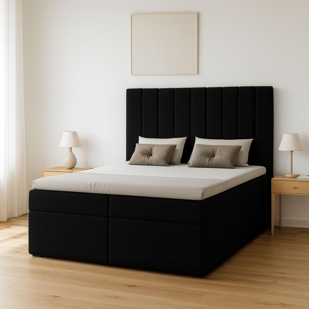 BOXBETT Nero mit 2 Bettkästen, 200x200, Farbe: Schwarz, Cordstoff, Doppelbett mit Bonell-Matratze inkl. Topper - Schwarz, Holz/Kunststoff (200/200cm) - Marpur