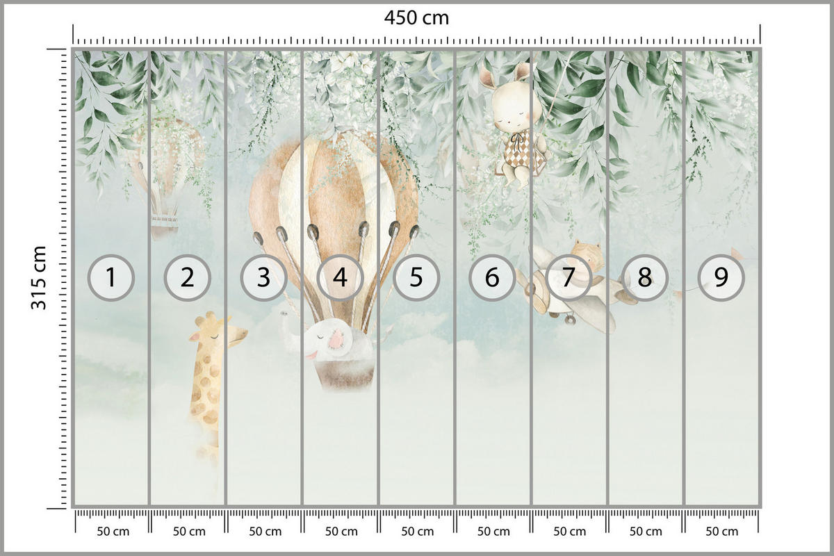 FOTOTAPETE für Kinderzimmer Tiere Wolken Ballons Giraffe Elefant 450x315 - Beige/Braun, Papier (450/315cm) - Muralo