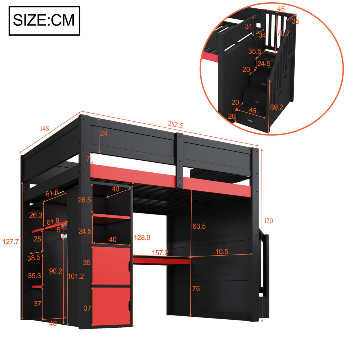 HOCHBETT 140/200 cm aus Holzwerkstoff mit Schreibtisch und LED-Beleuchtung Schwarz/Rot - Schwarz, Holzwerkstoff (140/200cm) - Modenvie