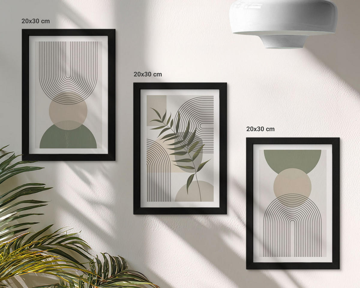 WANDBILDER 3er-Set - 20x30 cm Schwarzer Rahmen - Abstrakte Formen mit Grün - Schwarz, Kunststoff (20/30cm) - ArtPrintCave