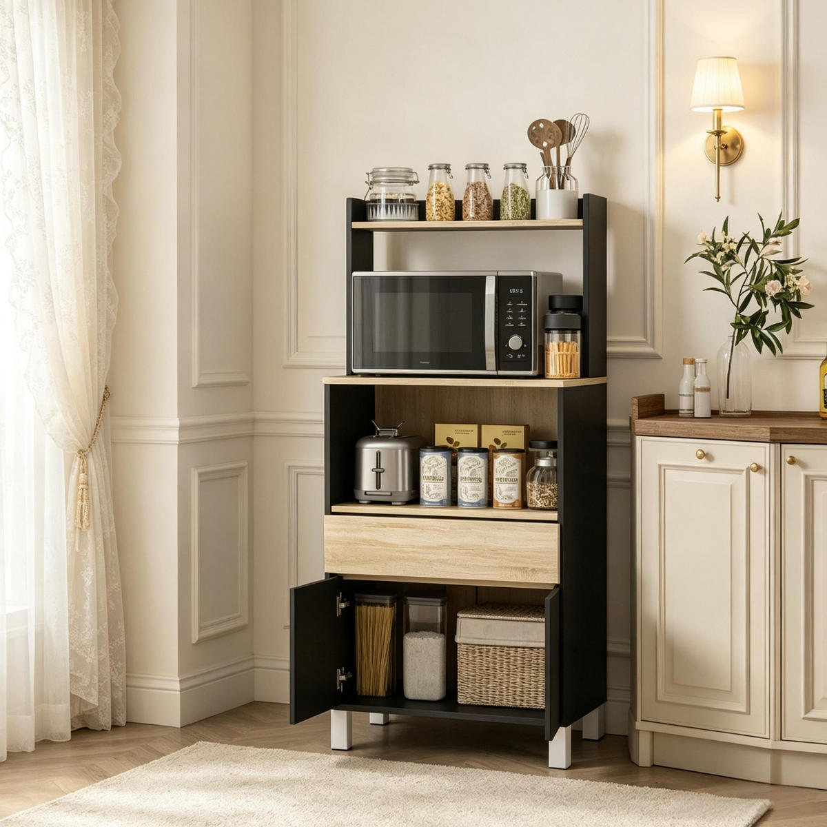 BUFFET DE-38820 60/40/131 cm Mikrowellenfach und Schublade Schwarz - Schwarz, Holzwerkstoff (60/131/40cm) - ComfortXL