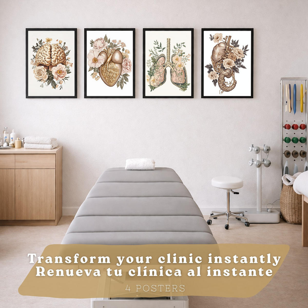 POSTER Set aus 4 Körper Anatomie Drucke mit Gehirn Herz Lungen Luftröhre Bronchien Nieren Verdauungssystem Magen Darm Größe Schwarzer Rahmen A4 - Schwarz, Papier (21/29.7/3cm) - Nacnic