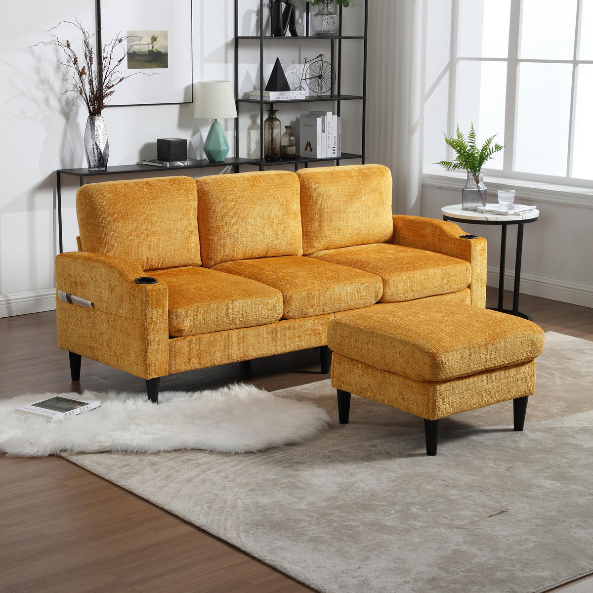 ECKSOFA 163/121/66 cm Gelb mit 1 Aufbewahrungshocker, Aufbewahrungstasche und Getränkehalter - Gelb, Textil (196.5/75cm) - Oxeza