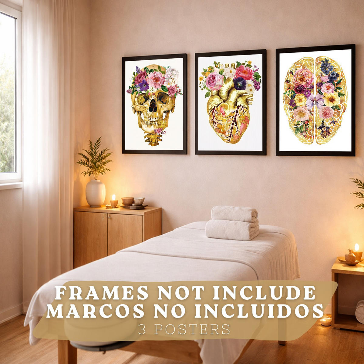 POSTER Set aus 3 Anatomie Mensch Drucke und Wandbilder mit Schädel Gehirn und Herz Goldene Florale Künstlerische Illustration Größe Rahmenlos A3 - Klar, Papier (29.7/42/3cm) - Nacnic