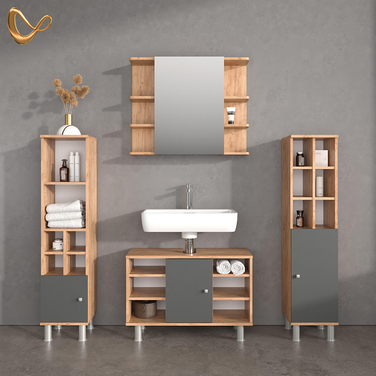 BADMÖBEL-SET Fucino Goldkraft Eiche 4 Teile, mit Midischränke - Honigeiche/Anthrazit, Holzwerkstoff (80/54/32cm) - Livinity®
