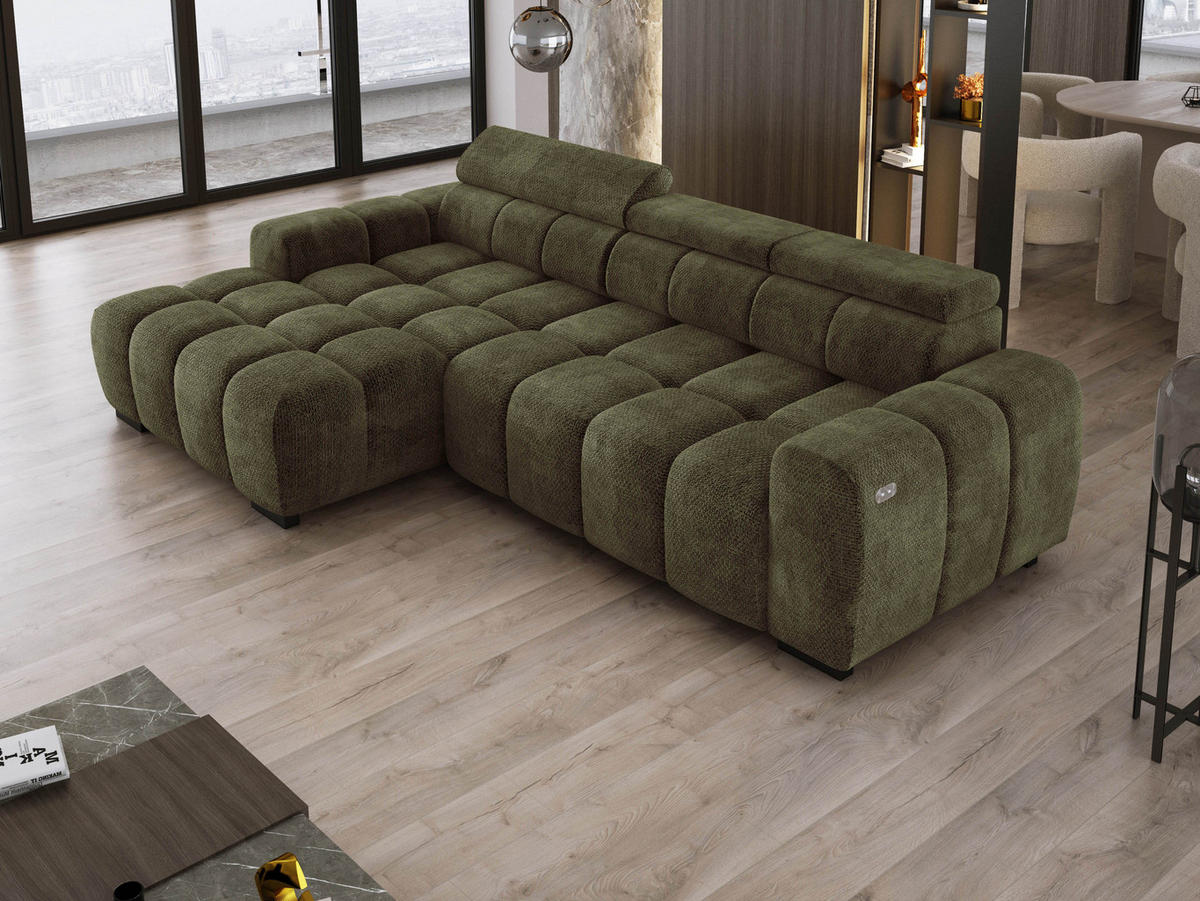 ECKSOFA OMBO 285x168x77/97 cm, Links, Schlaffunktion, elektr. Sitz, Kopfstützen, hydrophober EDEN-Stoff – Olivgrün - Olivgrün, Holz/Textil (168/285cm) - DomoHome