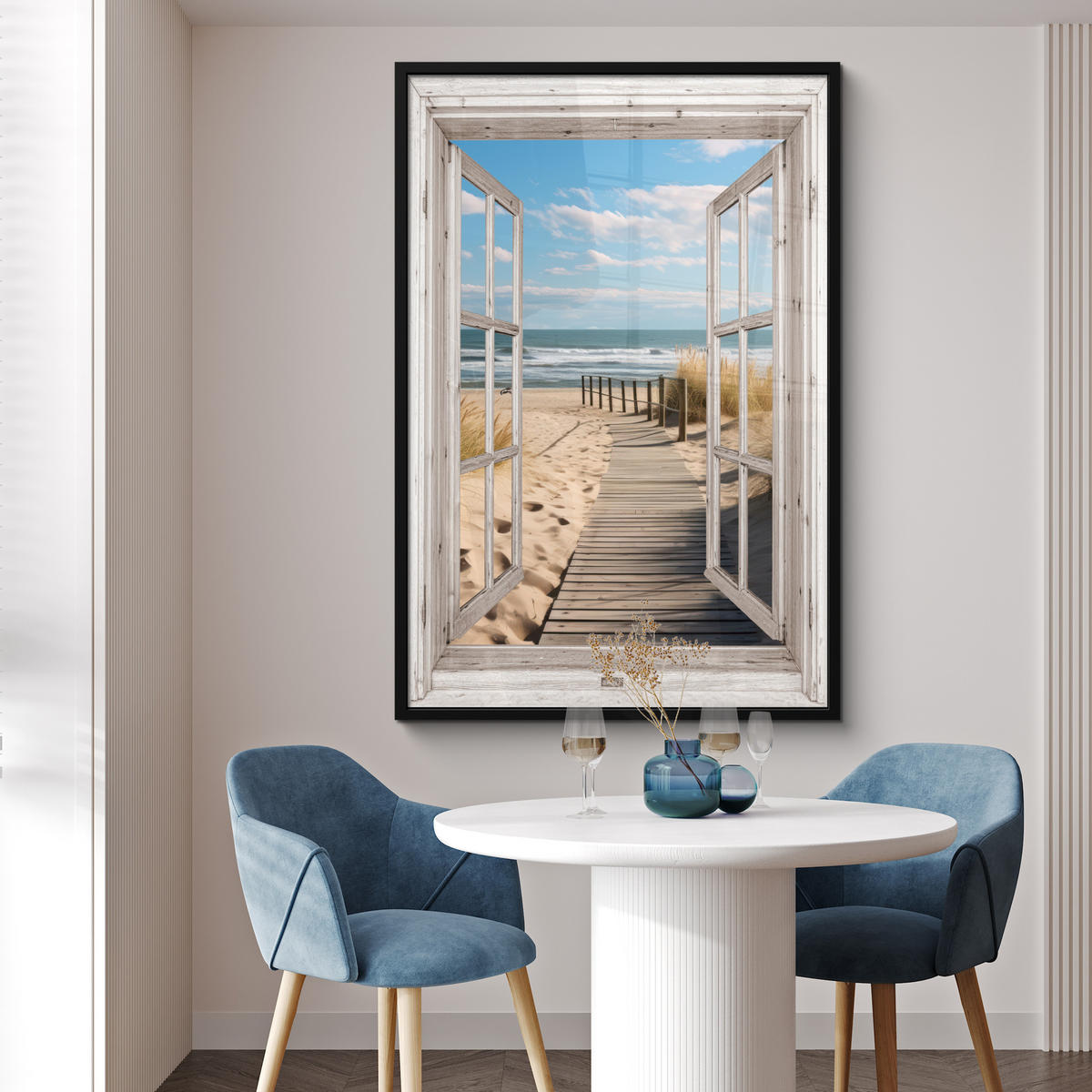 GERAHMTES BILD Fenster - Meer - Küste - Natur - Ausblick - Strand - Wattenmeer 80x120 cm - Beige, Papier (80/120cm) - MuchoWow
