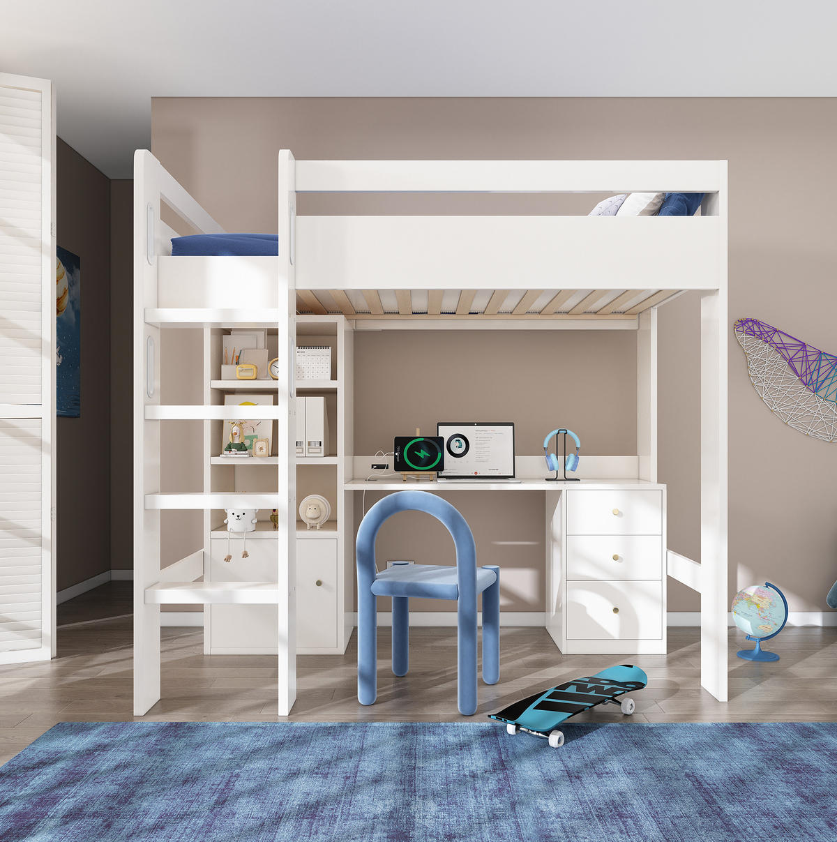 VISOKA postelja 90/200 cm bela iz MDF in iverne plošče s pisalno mizo, omaro in USB-C - bela, leseni material (90/200cm) - OKWISH