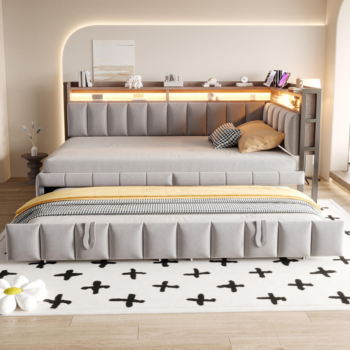 SCHLAFSOFA 90x200cm mit Ausziehbett, LED, USB-C, Hellgrau - Hellgrau, Textil (90/200cm) - FLIEKS