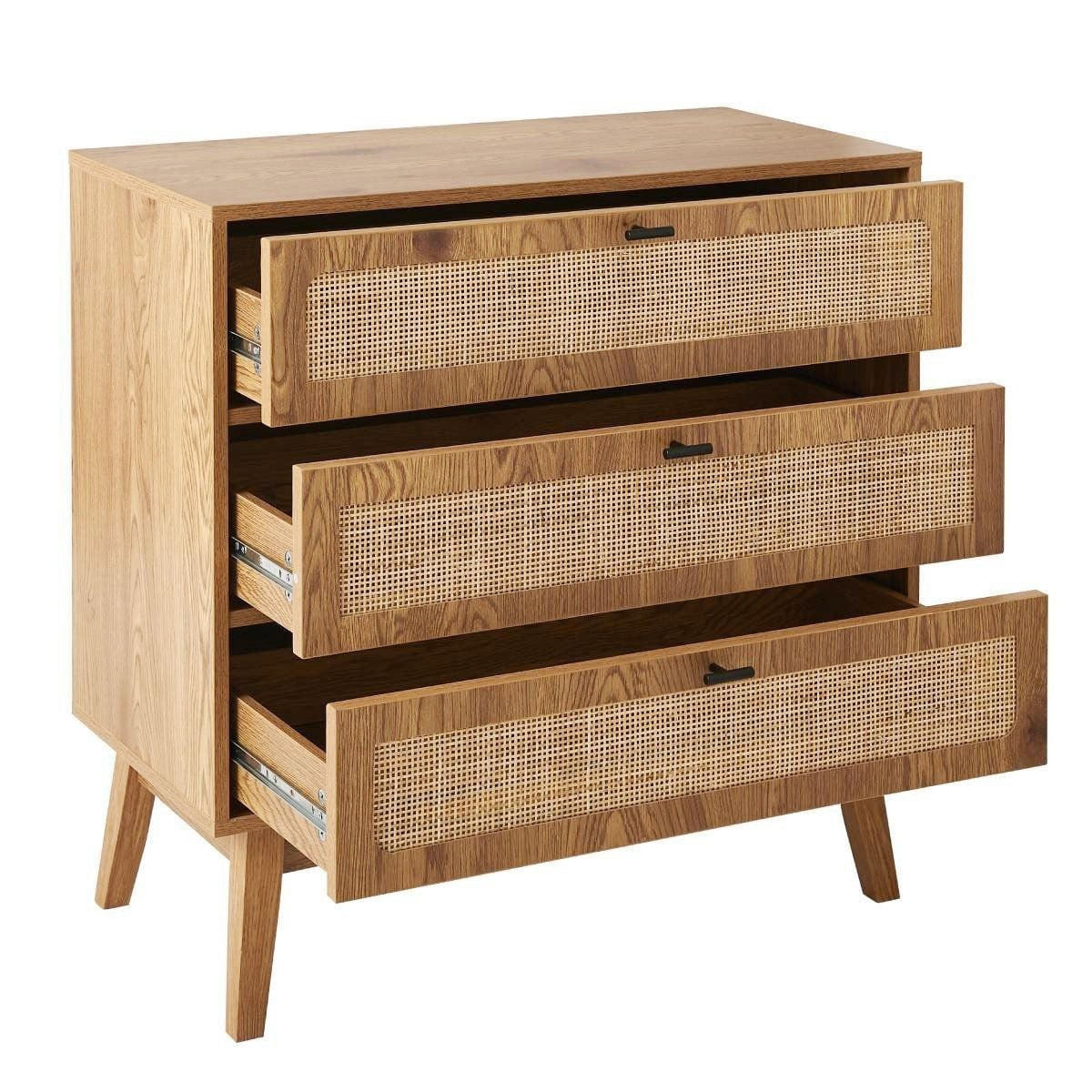 KOMMODE mit 3 Schubladen, Rattanfronten und Holzfüßen 80/39/79 cm - Eschefarben, Holzwerkstoff (80/79/45cm) - Calicosy