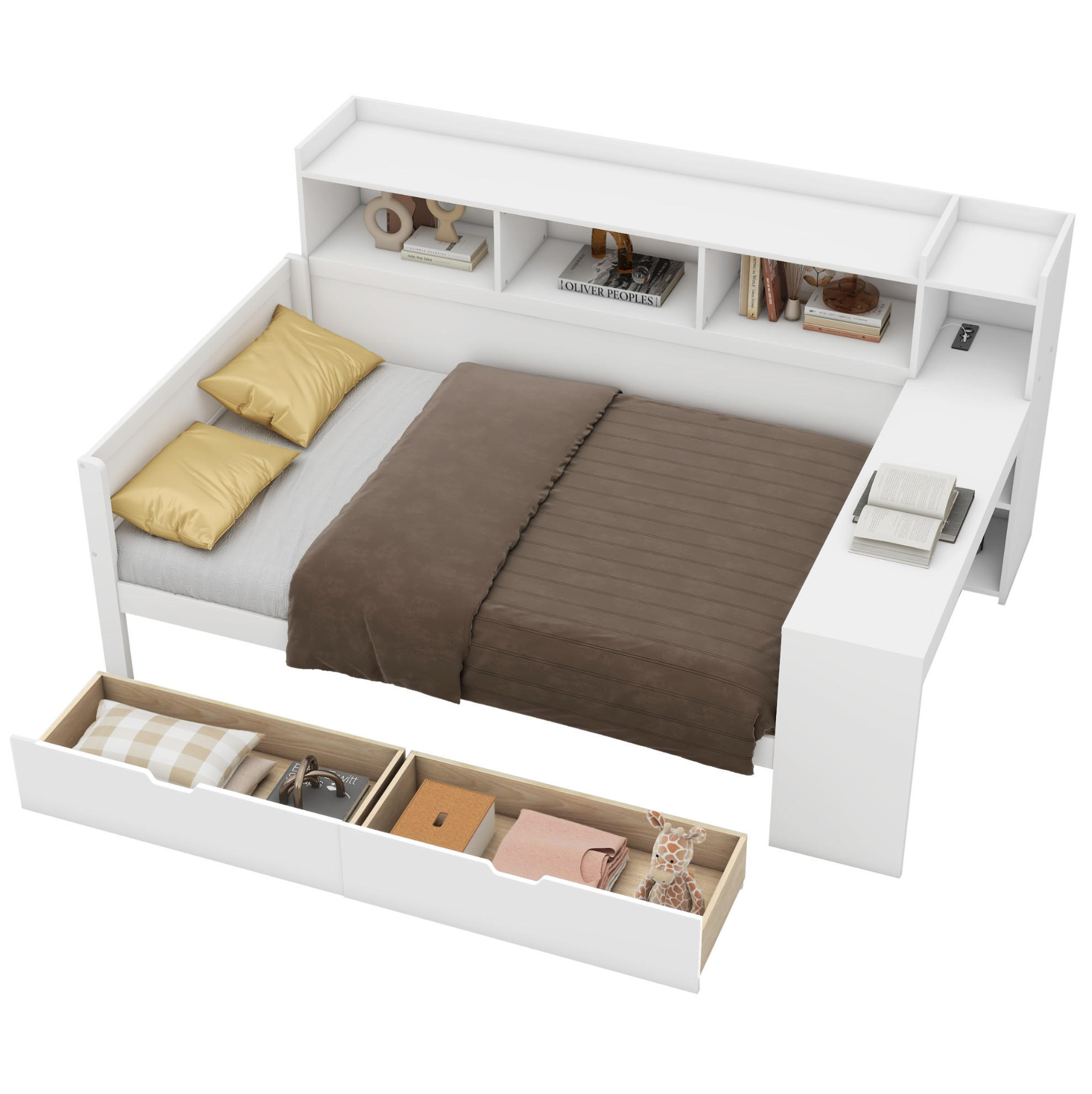 Modfu POSTEL z dřevotřísky a MDF 90x200 cm bílá s USB, zásuvkou, psacím stolem a 2 zásuvkami
