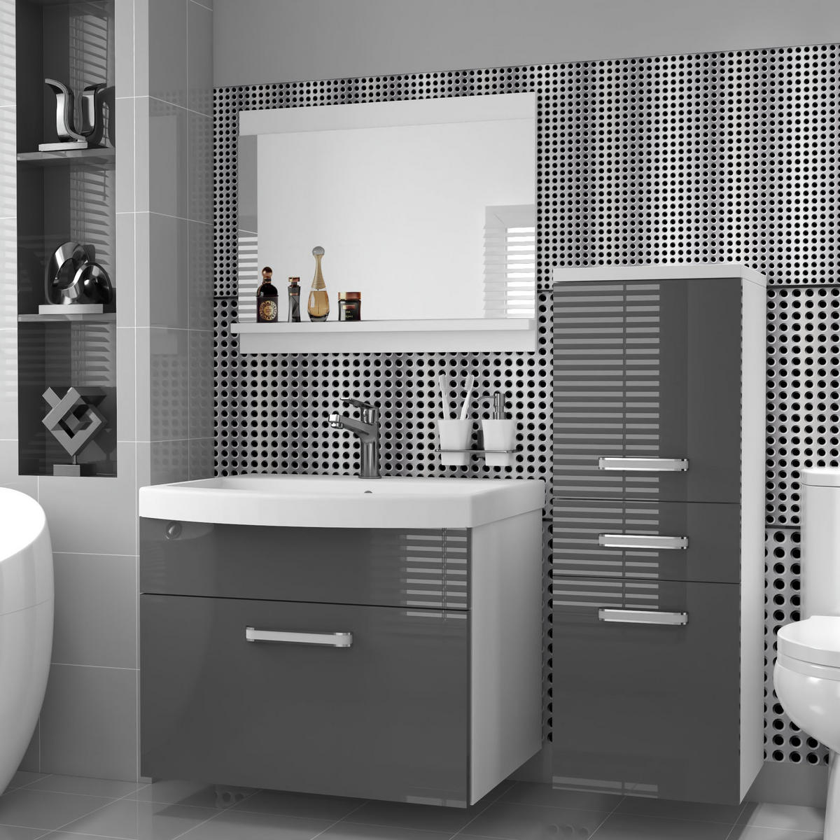 BADMÖBEL Badezimmer SET PRI P2, Grau Hochglanz, 90 cm - Hellgrau, Holz (38.7/81/90cm) - B BELINI GROUP