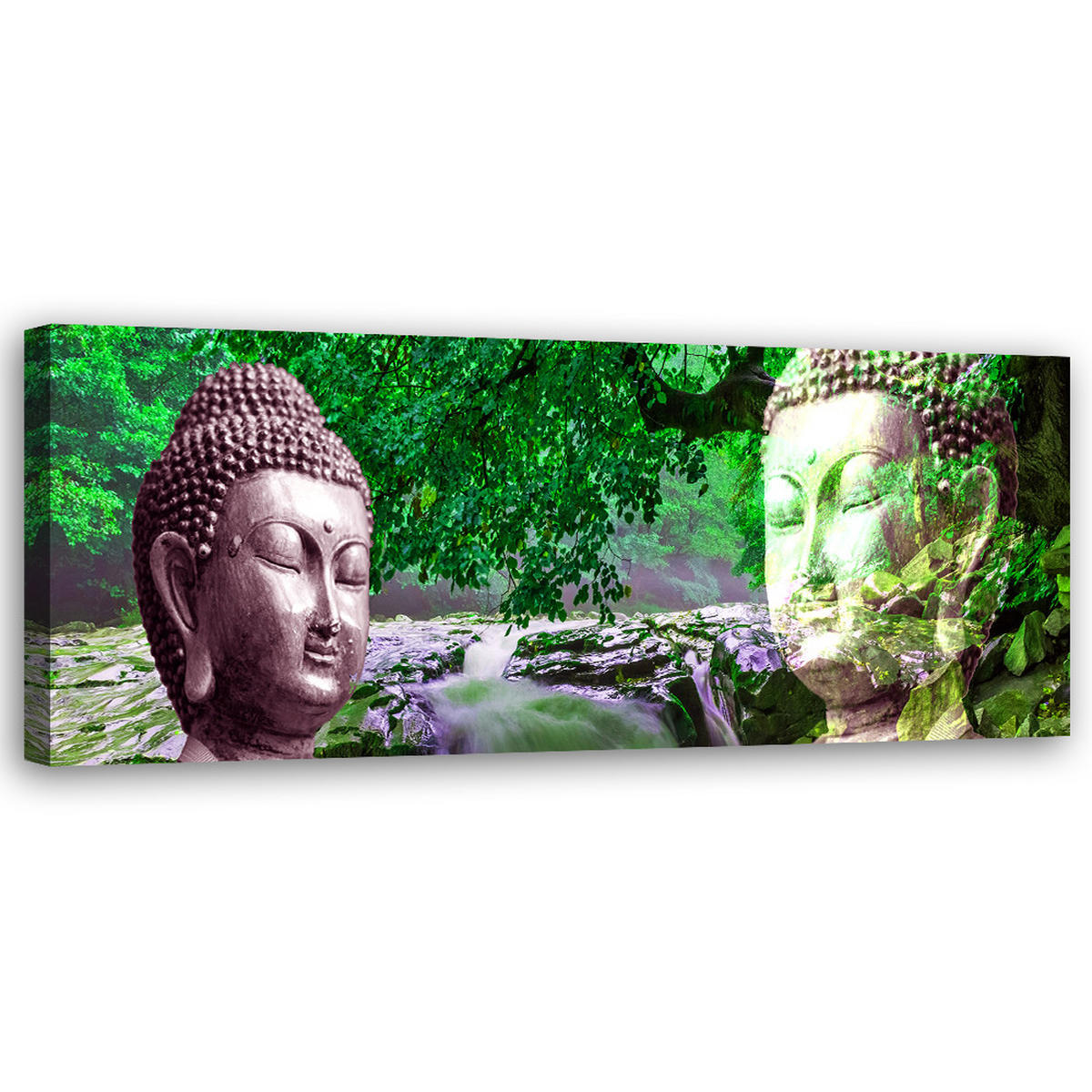 WANDBILD buddha gesicht im wald - Grün, Textil (90/30cm) - Feeby
