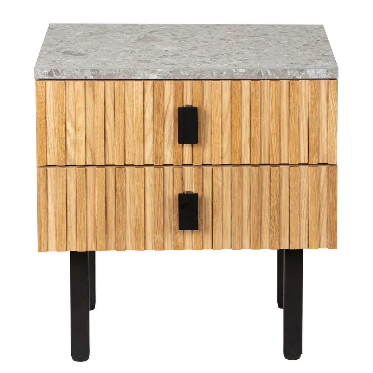 NACHTKOMMODE - Echtholzfurnier - Terazzo Dekor / Eiche - Eichefarben/Schwarz, Holzwerkstoff/Metall (48/50/40cm) - home24