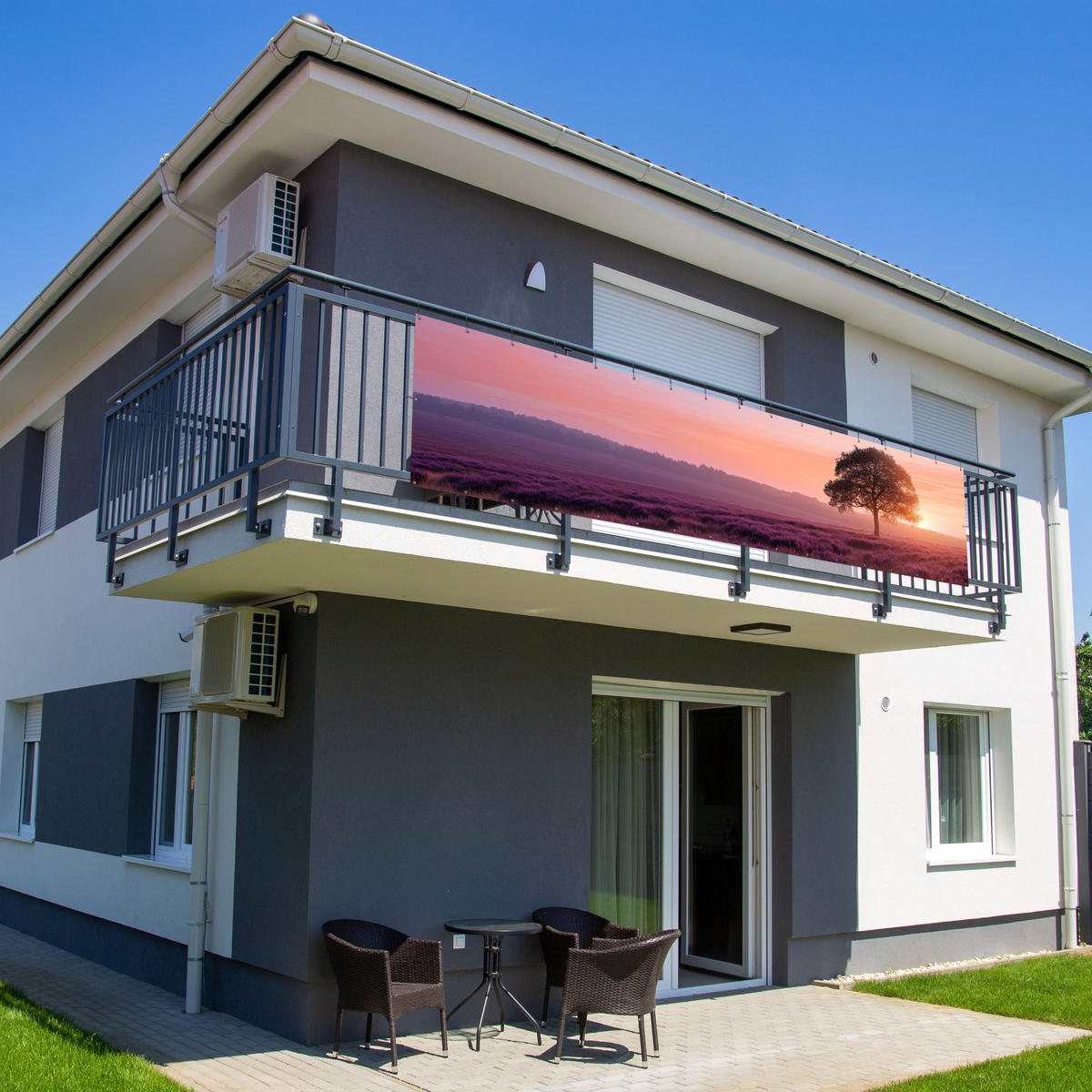 BALKON-SICHTSCHUTZ Baum - Heidekraut - Sonnenaufgang - Flieder, Kunststoff (500/120cm) - MuchoWow