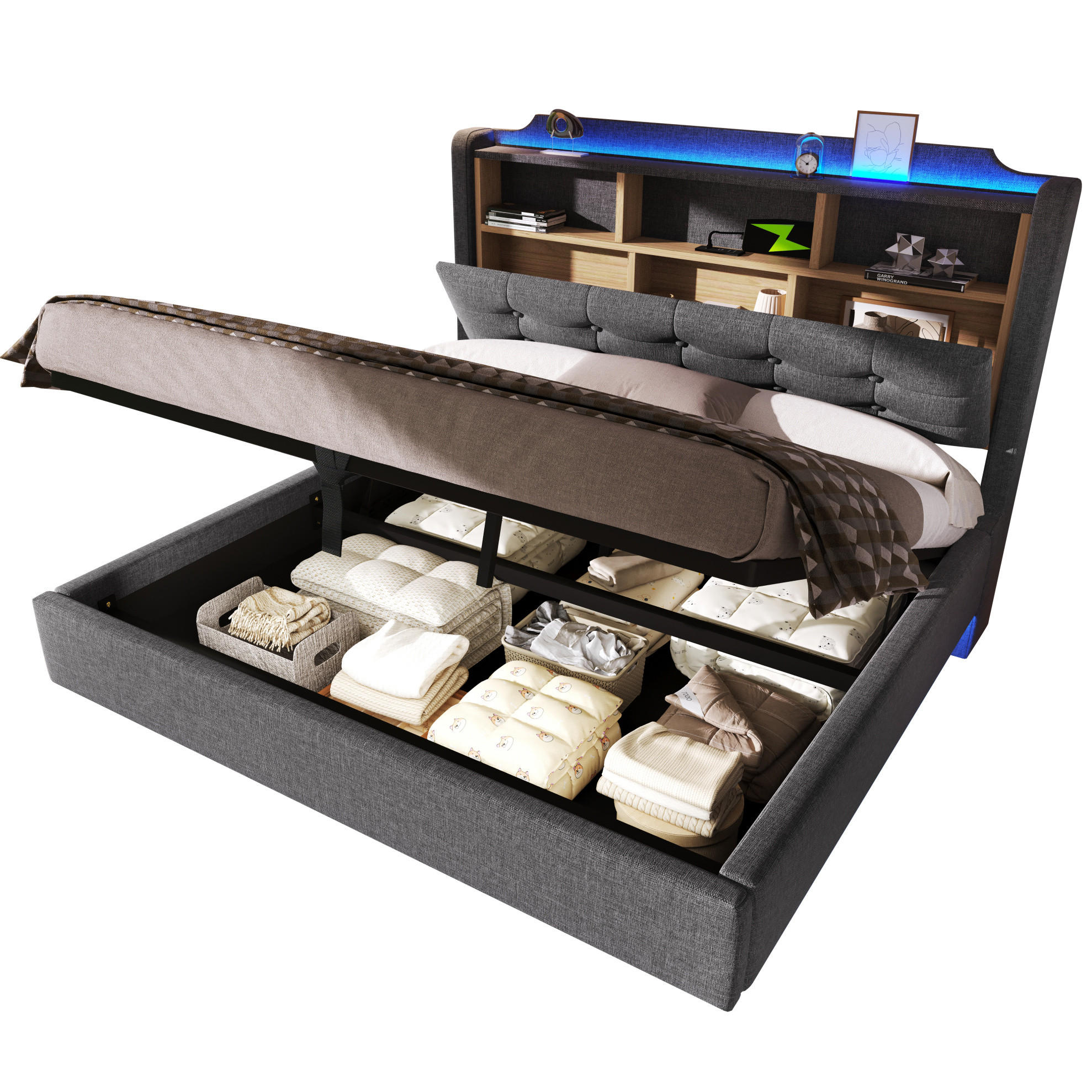 POLSTERBETT 140/200 cm grau aus Leinen und MDF mit LED und Stauraum - Grau, Textil (140/200cm) - OKWISH