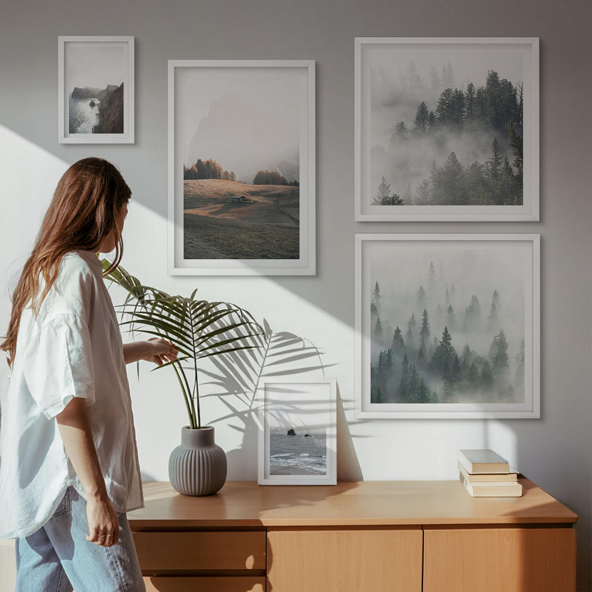 WANDBILDER 5er-Set - 50x50 cm & 20x30 cm & 40x60 cm Weißer Rahmen - Landschaften aus Bergen und Meer - Weiß, Kunststoff (40/60cm) - ArtPrintCave