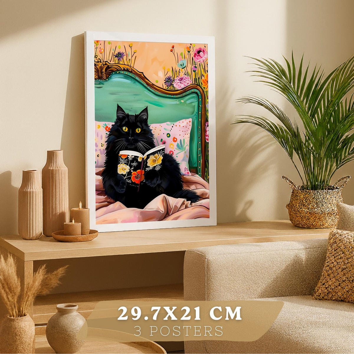 PLAKAT Sada tří dekorativních tisků nápadných koček. Fotografie moderního obývacího pokoje se zvířaty. Dekorace Koupelny Kuchyně A3 Bílý rám - bílá, papír (29.7/42/3cm) - Nacnic