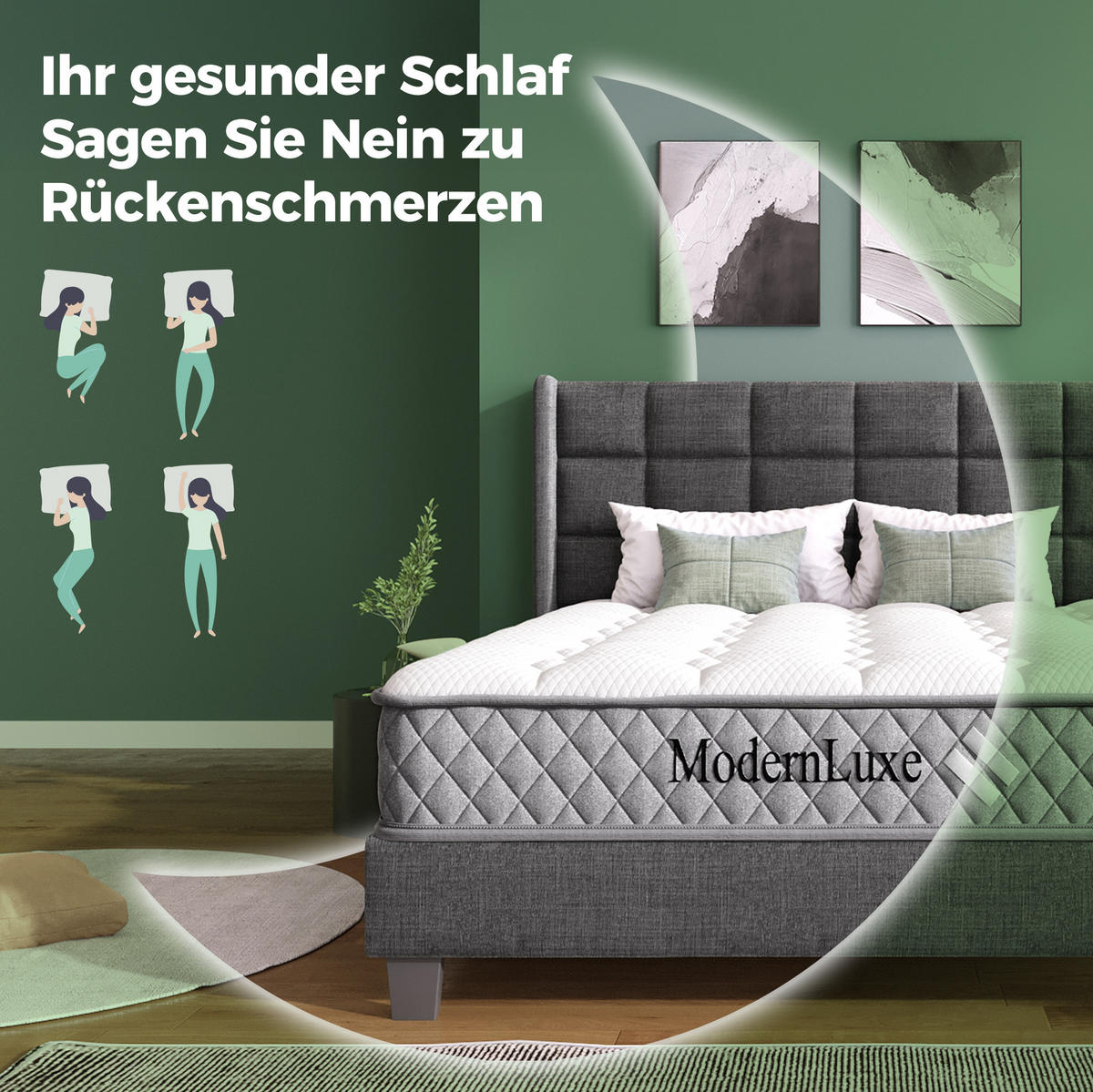 POLSTERBETT aus Samt 140x200 cm Dunkelgrün mit Lattenrost, Kopfteil und 7-Zonen-Matratze - Dunkelgrün, Textil (140/200cm) - IVMEU