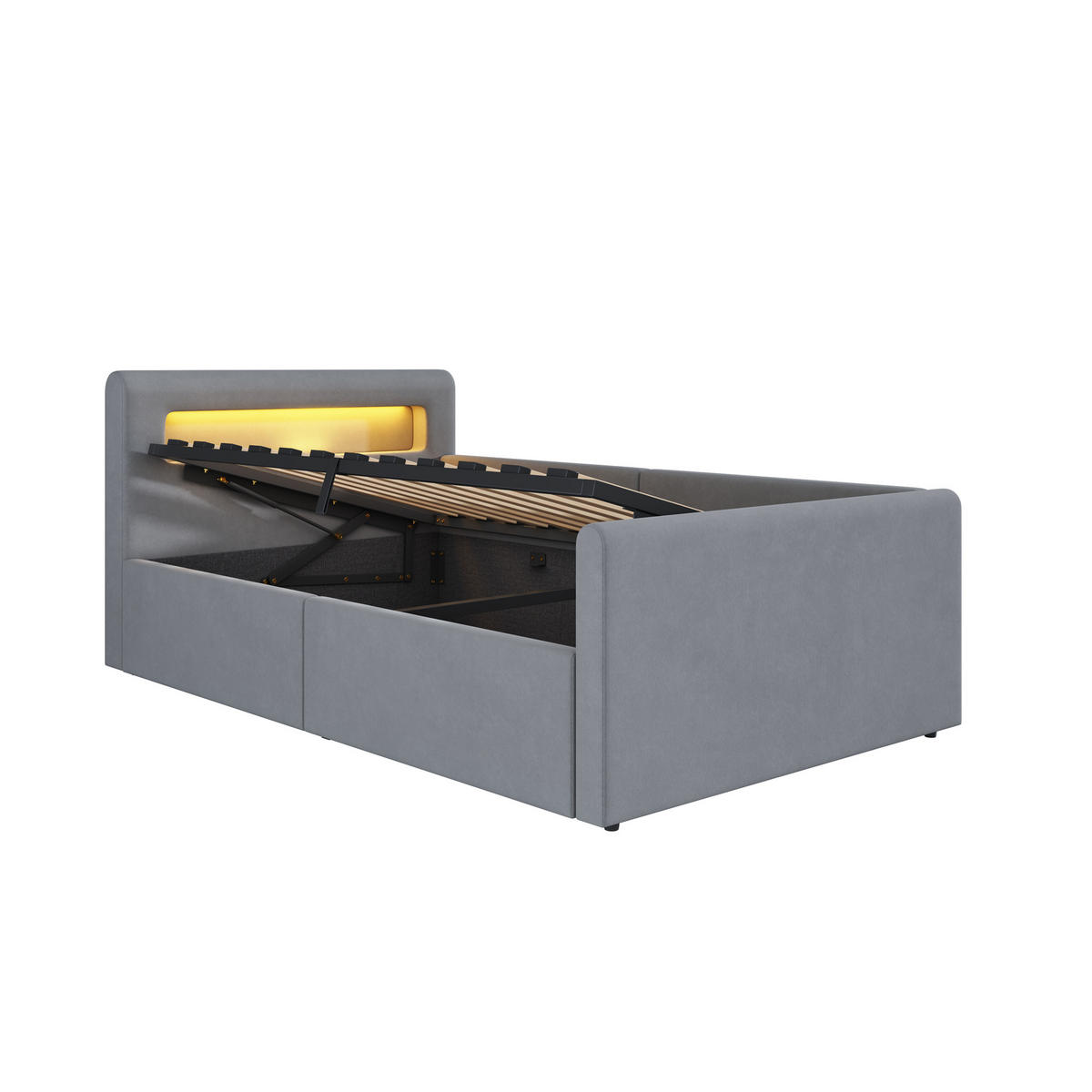 POLSTERBETT Kinderbett 90/200 cm Hellgrau mit LED-Beleuchtung, Nachtlicht und USB-Ladeanschluss - Grau, Textil (90/200cm) - OKWISH