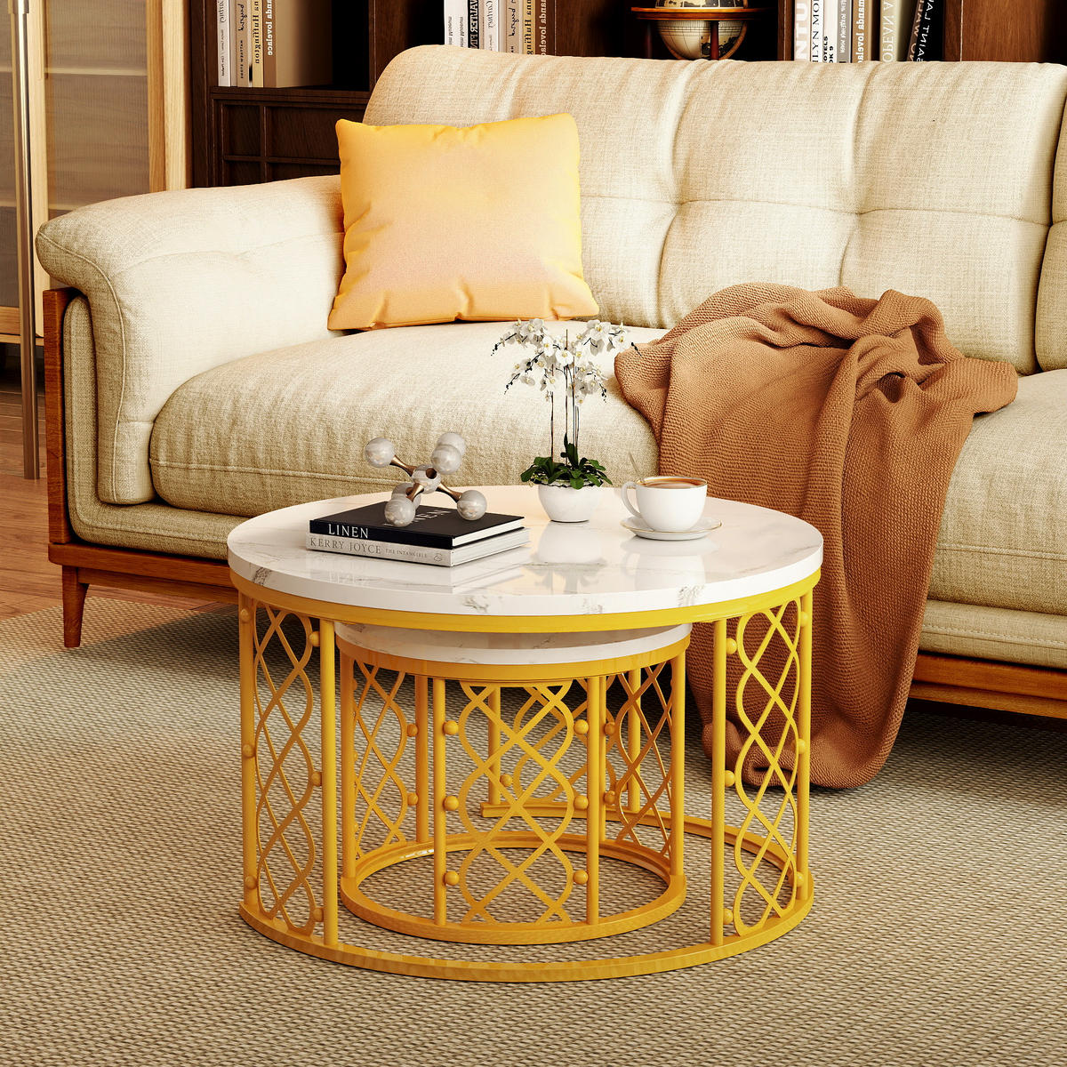 COUCHTISCH 2-teiliges Set 70/70/45 cm und 45/45/37 cm Weiß und Gold Stapelbar mit Stahlrahmen - Goldfarben/Weiß, Holzwerkstoff (70/70/45cm) - OKWISH