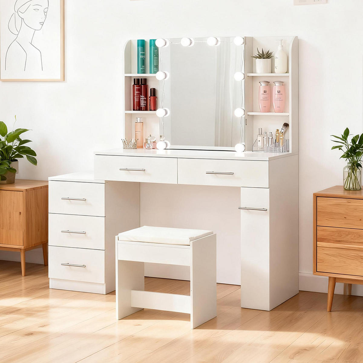 SCHMINKTISCH L100 x B40.5 x H136cm,Weiß - Weiß, Holz (40.5/136/100cm) - KOMHTOM