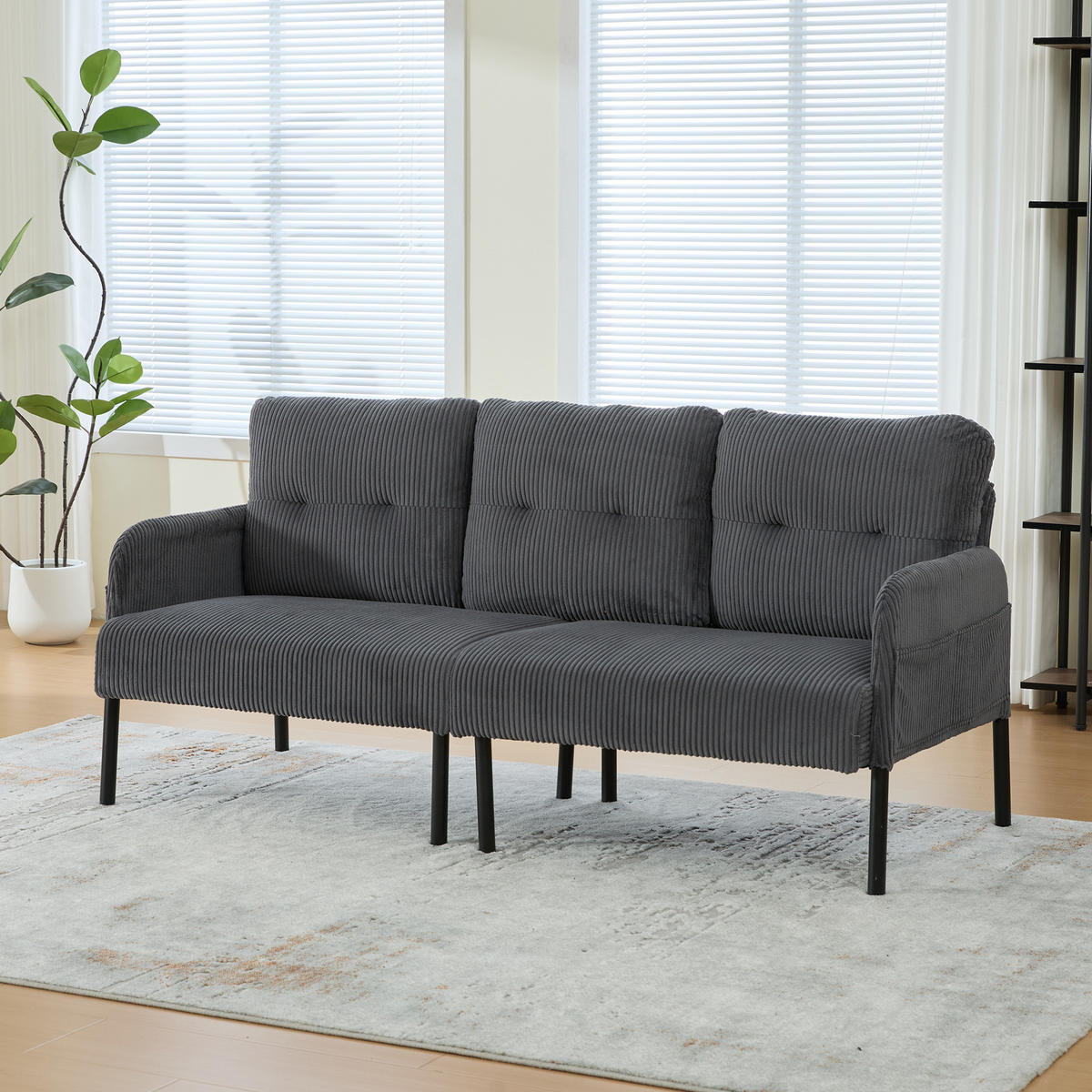 SOFA Dreisitzer mit Seitentasche 171 x 72 x 80 cm Cord Gray - Grau, Kunststoff (171/80/72cm) - Meubliv