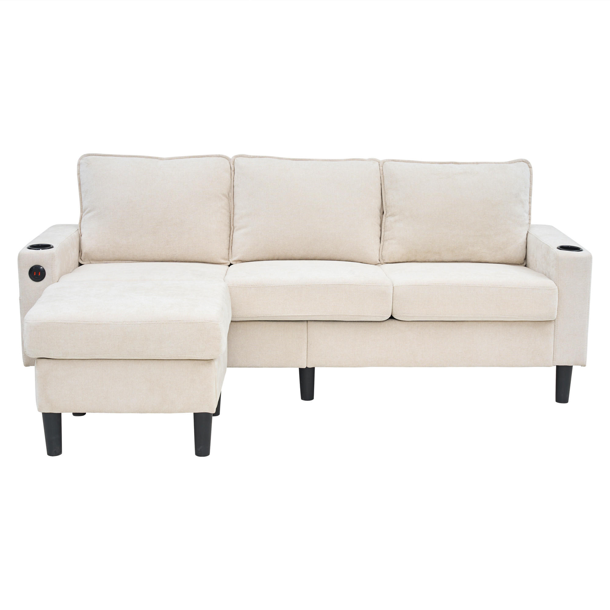 ECKSOFA 202/137/80 cm Beige mit USB-, Typ-C-Anschlüssen, 2 Getränkehaltern und 1 Fußhocker - Beige, Textil (202/137cm) - Oxeza