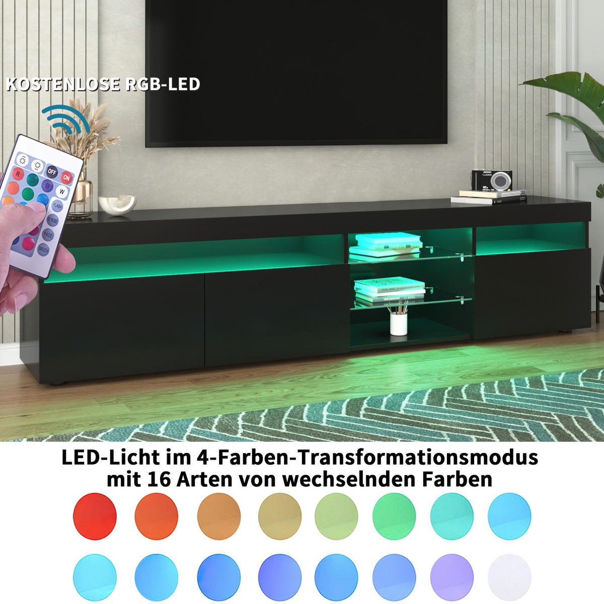 TV Lowboard LED, 3 Türen, 2 Glasregale, Schwarz - Schwarz, Holz (180/45/35cm)
