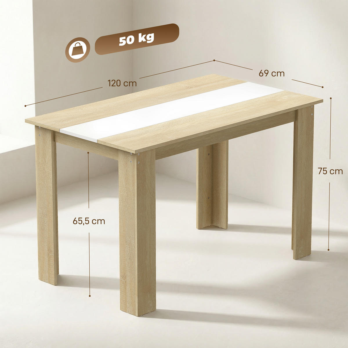 ESSTISCH Eichefarben Weiß Zweifarbig 120/69/75 cm - Eichefarben, Holz (69/120/75cm) - PANGIVO