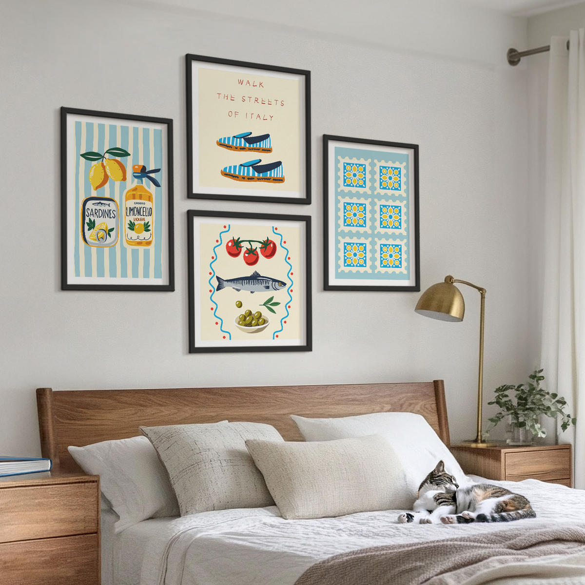 BILDER SET 4er Set - 50x50 cm & 40x60 cm Schwarzer Rahmen - Fruchtmuster und italienische Kultur - Schwarz, Kunststoff (50/50cm) - TULUP