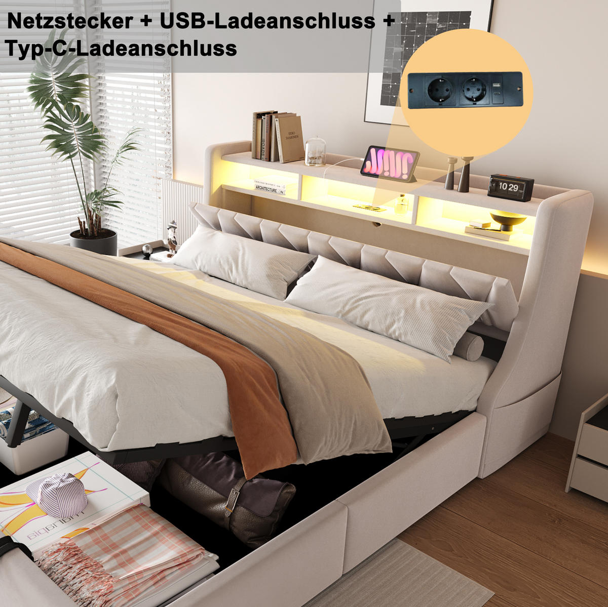 ČALÚNENÁ posteľ zo zamatového poťahu 180x200 cm béžová s LED osvetlením, USB, Type-C a úložným priestorom - béžová, textil (180/200cm) - Modfu
