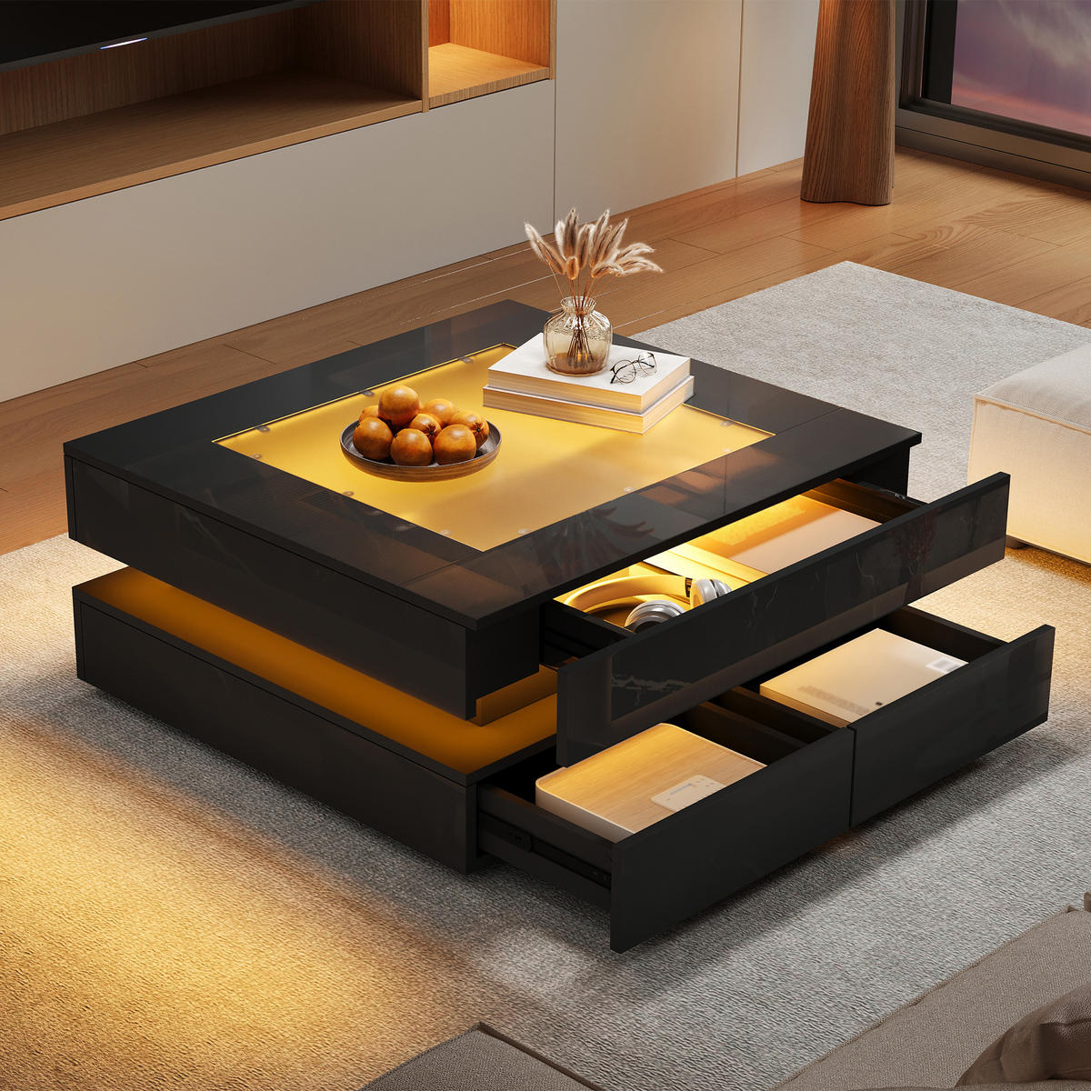 COUCHTISCH DE-37117 quadratisch mit Glasplatte, LED und 3 Schubladen Schwarz - Schwarz, Holzwerkstoff (70/70/35cm) - ComfortXL