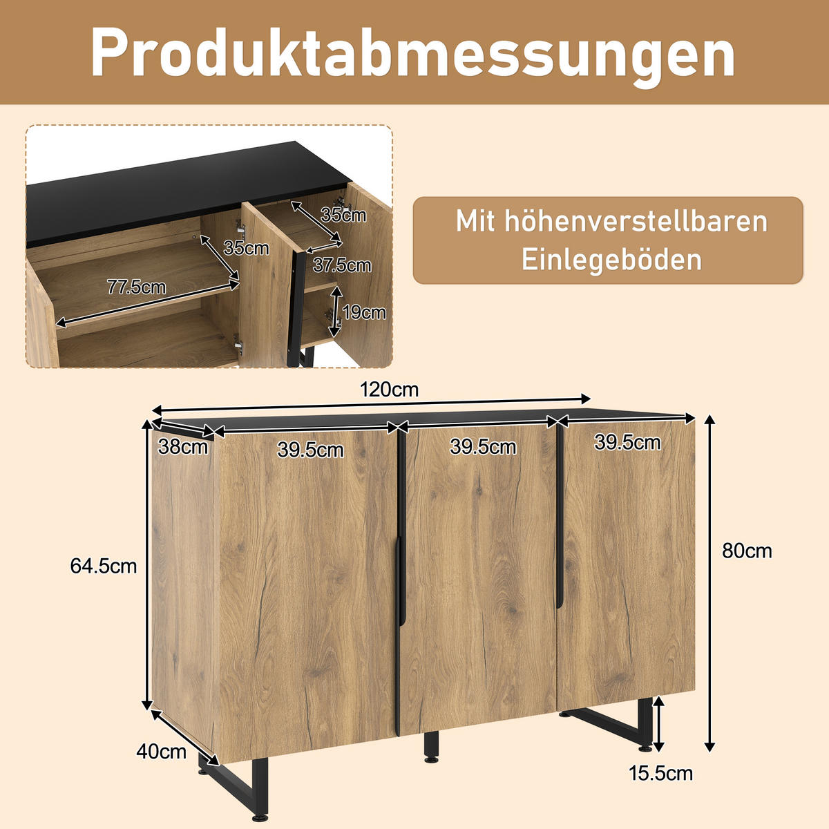 SIDEBOARD mit LED-Beleuchtung - Verstellbare Regalböden, justierbare Füße und freistehende Konstruktion - Natur - Naturfarben, Holz/Holzwerkstoff (38/80/120cm) - KOMHTOM