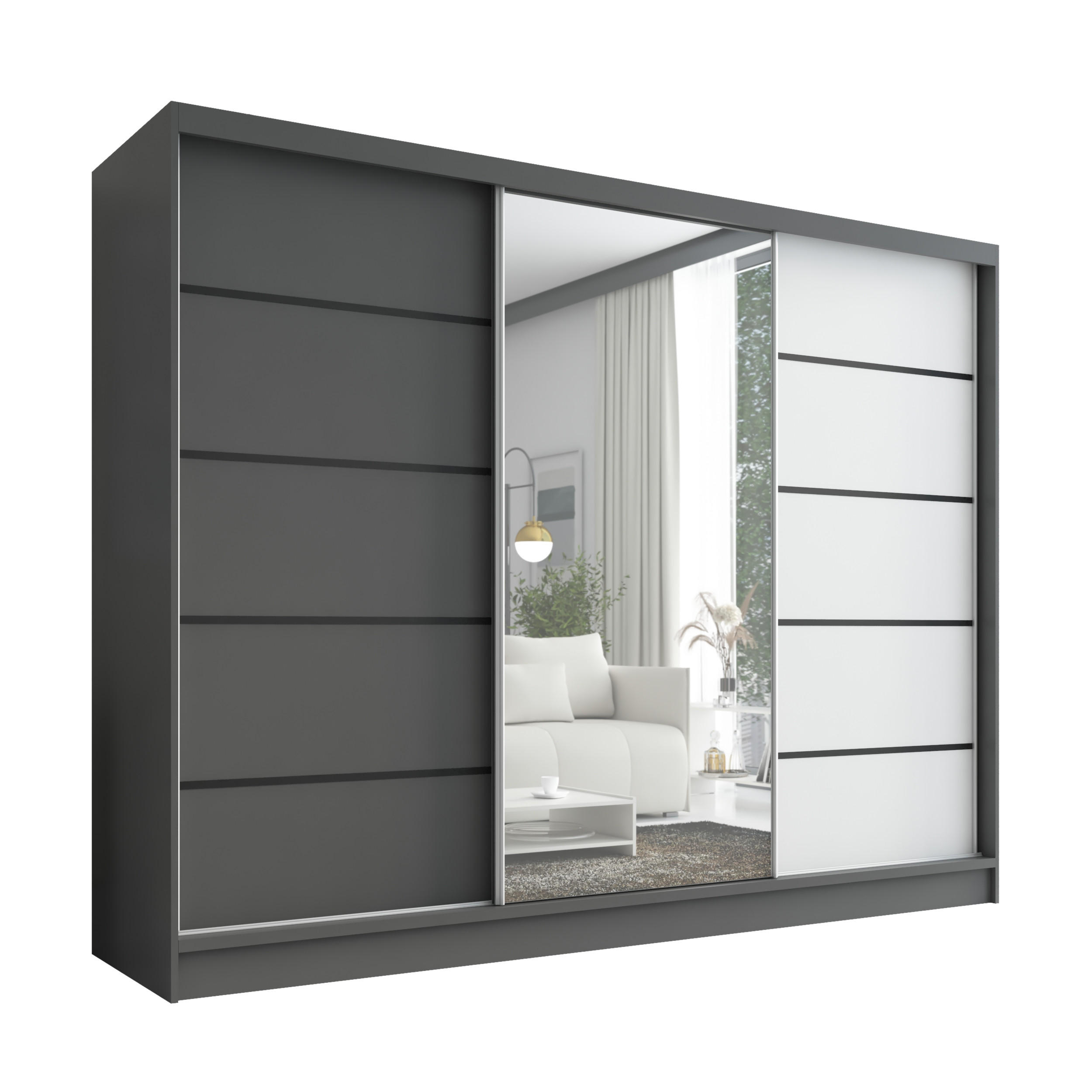 A&J MöbelLand Schwebetürenschrank Graphit, Graphit, Weiß 200x215x60 cm