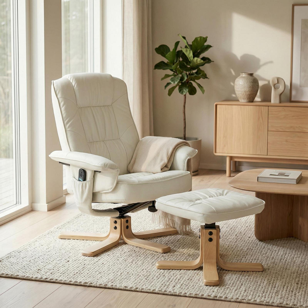 RELAXSESSEL KUNSTLEDER, SET MIT HOCKER CHARLY weiß - Weiß, Textil (76/87/61cm) - IDIMEX