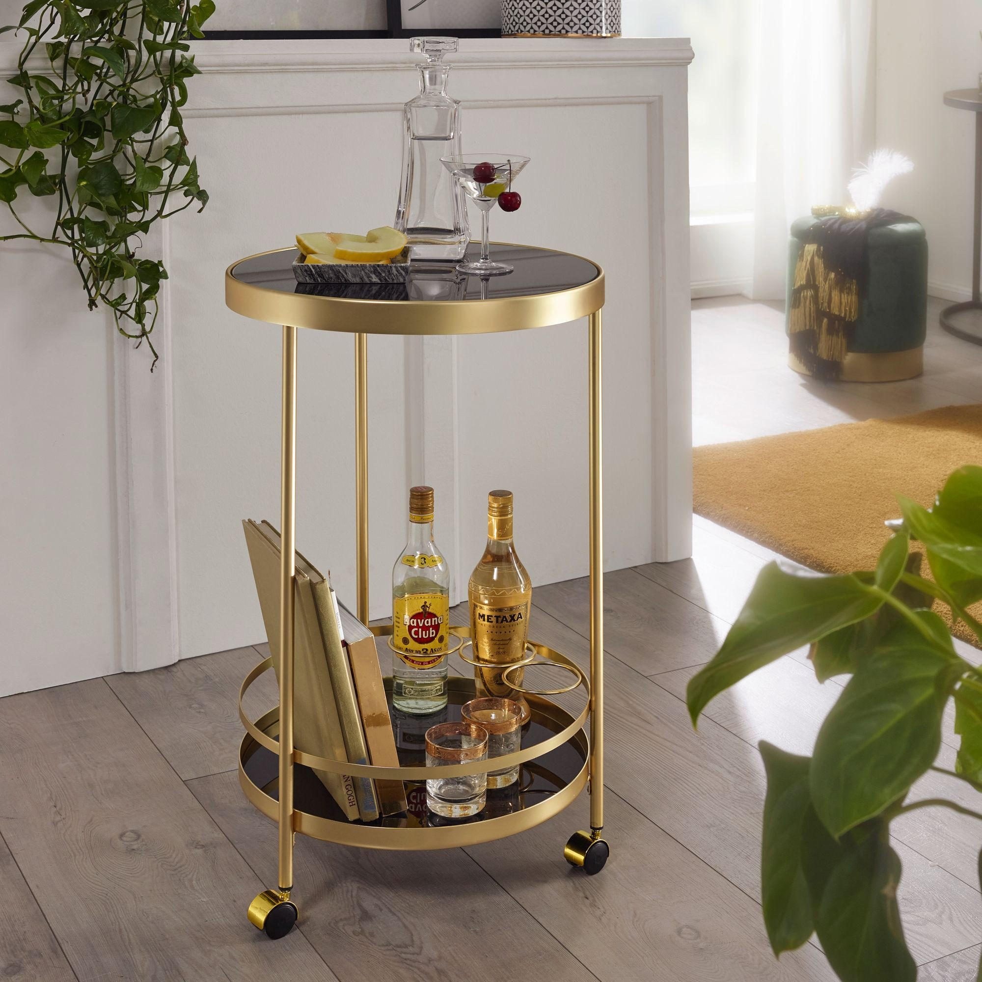 SERVIERWAGEN – Gold, Schwarzglas, auf Rollen - Goldfarben, Glas/Metall (45/76/45cm) - KADIMA DESIGN