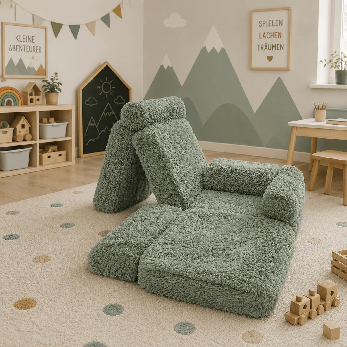 KINDERSOFA Mammoth 6-teilig flauschig - Salbeigrün, Textil (120/25/60cm) - MeowBaby