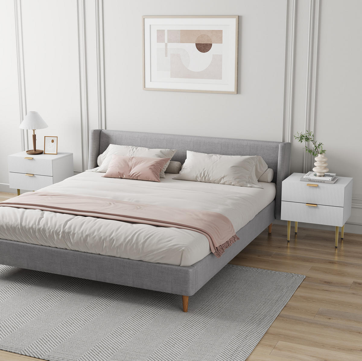 NACHTTISCH MDF/Spanplatte mit 2 Schubladen, Rillenfront & Metallgestell, 53/41,5/52,5 cm, Weiß - Weiß, Holzwerkstoff (41.5/52.5/53cm) - Redom