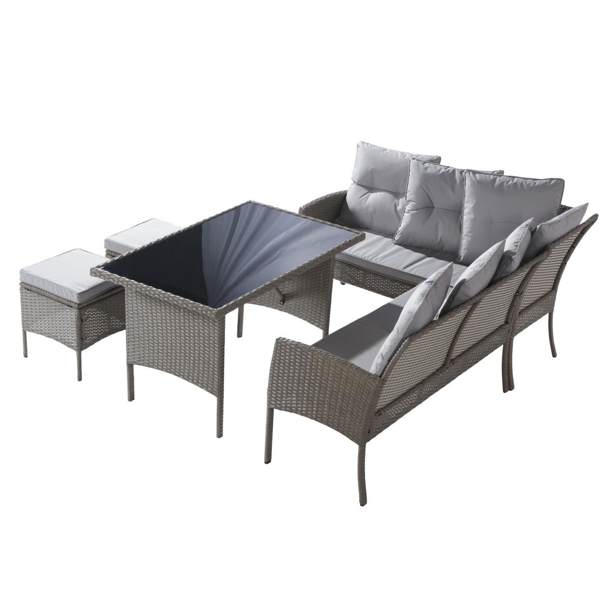 LOUNGESET 7 Personen Khaki Poly Rattan Mit Abnehmbarem Bezug - Hellbraun, Metall - FLIEKS