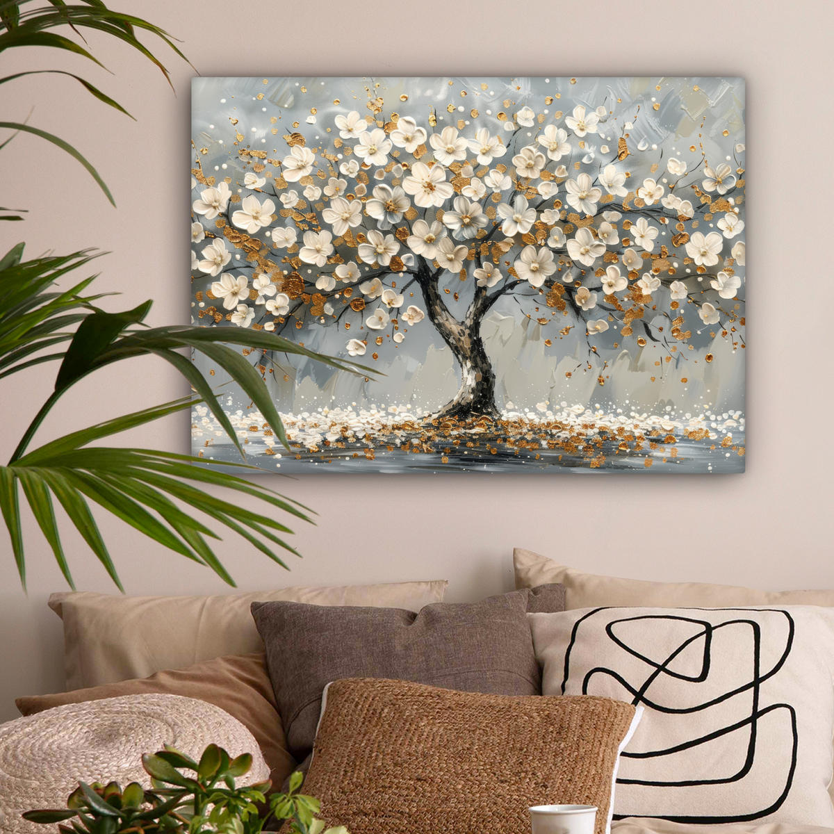 LEINWANDBILD Baum - Blumen - Weiß - Natur - Kunst Wandbilder 80x60 cm - Weiß, Textil (80/60cm) - MuchoWow