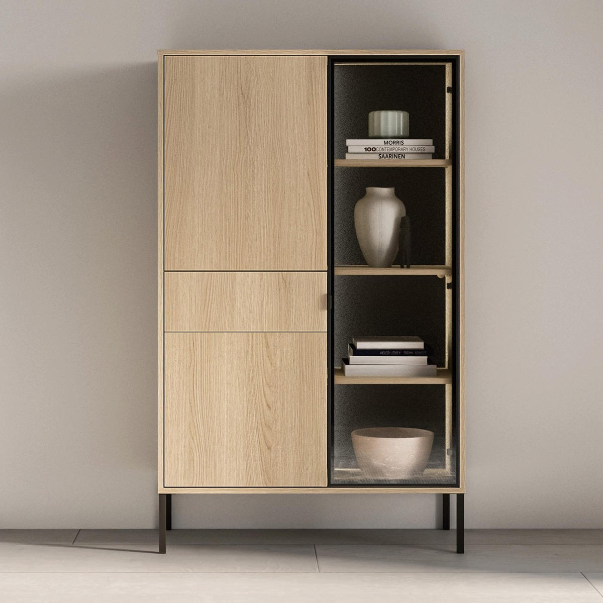 VITRINE Barnee 3-türig Eichenoptik, 92 cm - Beige/Schwarz, Holzwerkstoff/Metall (150/91.6/40cm) - Selsey